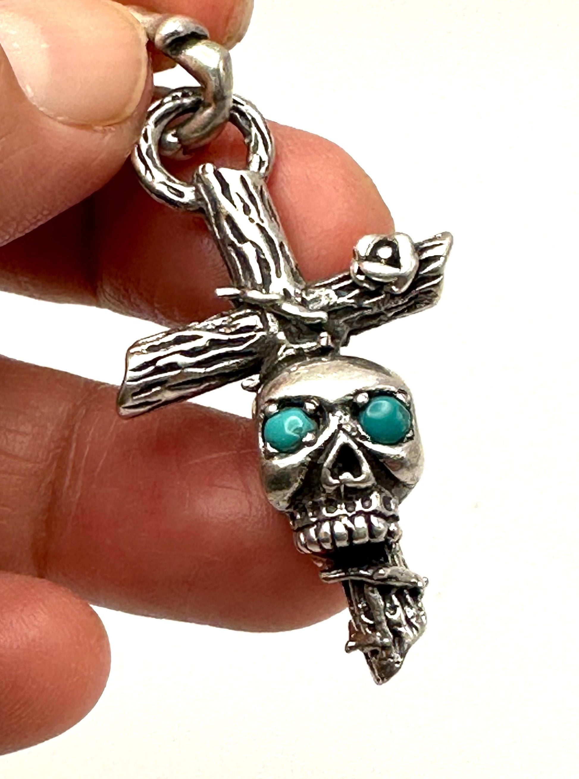 Sterling Silver Cross Skull Pendant: Gothic Turquoise Jewelry