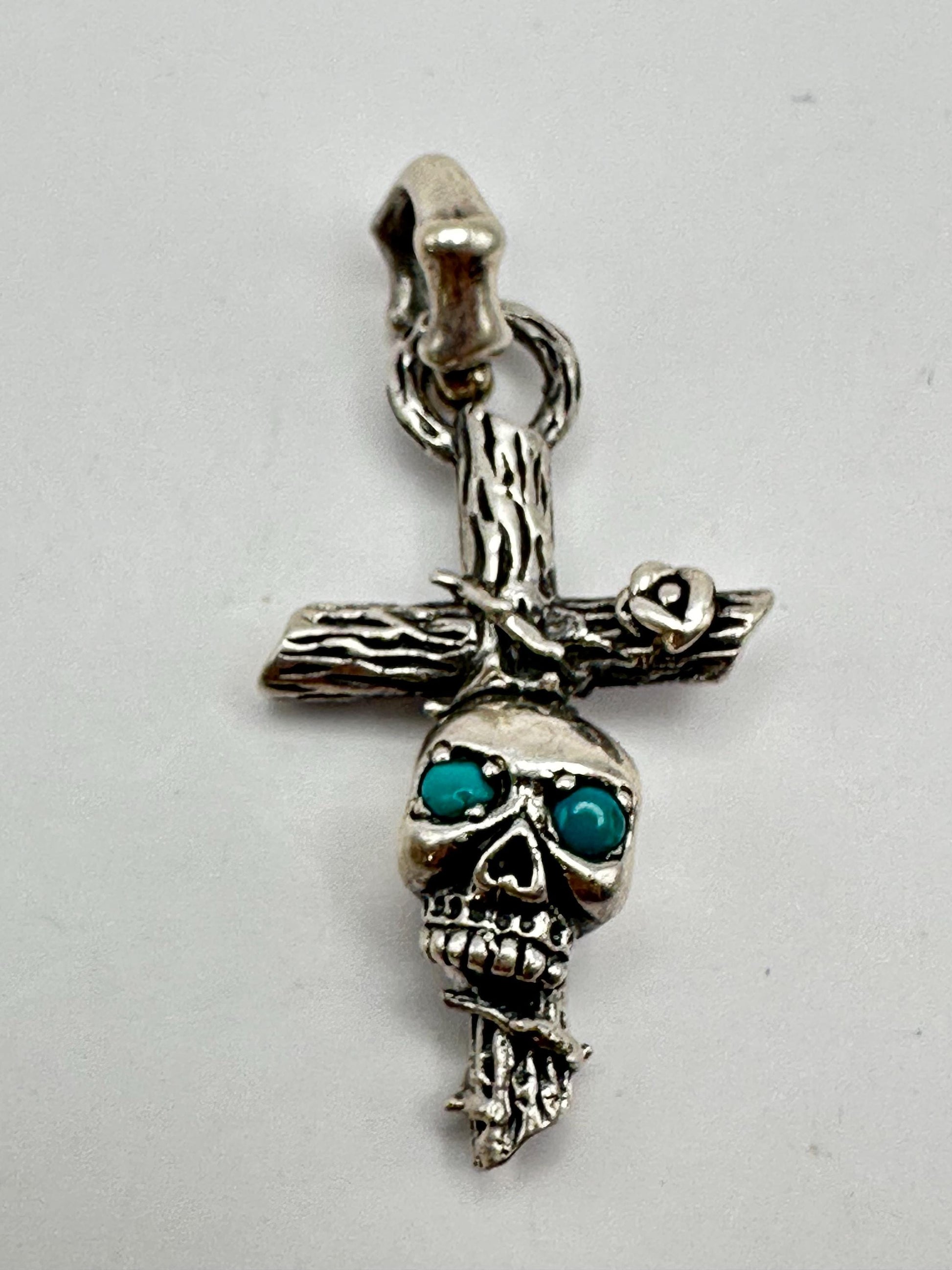 Sterling Silver Cross Skull Pendant: Gothic Turquoise Jewelry