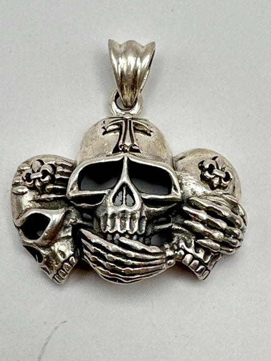 solid silver,three skull pendant,cross pendant ,sterling silver, do not see bad,do not listen bad,do not speak bad,symbol of power