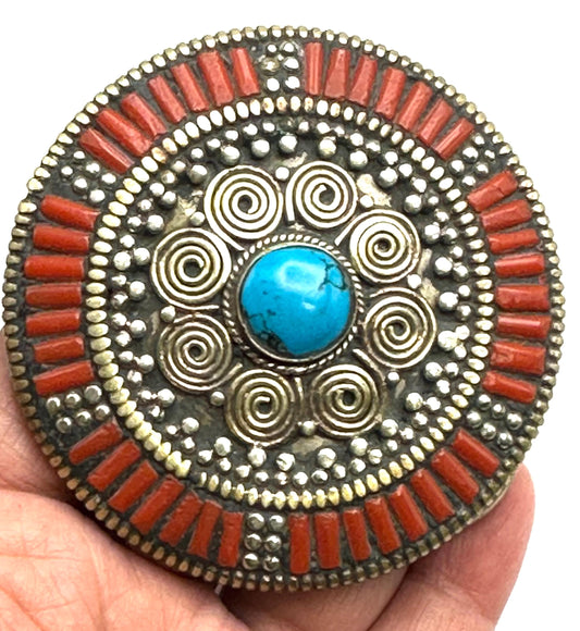 Belt buckle, handcrafted, Tibetan silver, coral, ethnic style, turquoise, Nepalese,