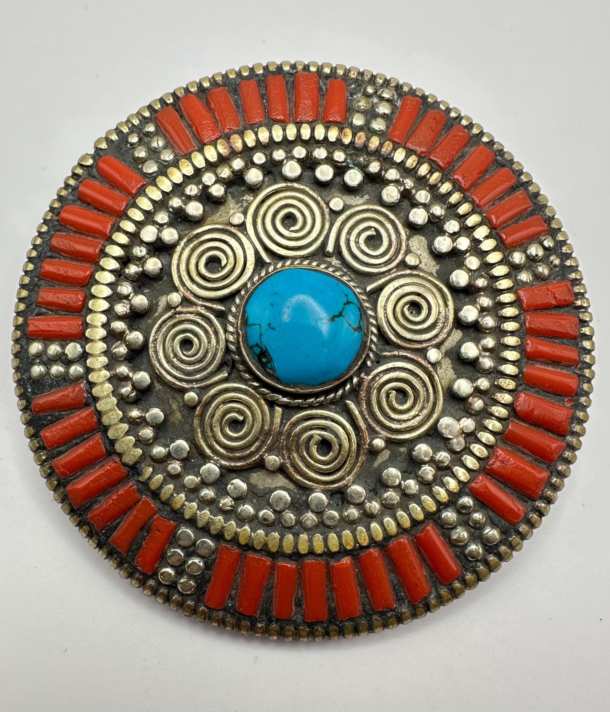 Belt buckle, handcrafted, Tibetan silver, coral, ethnic style, turquoise, Nepalese,