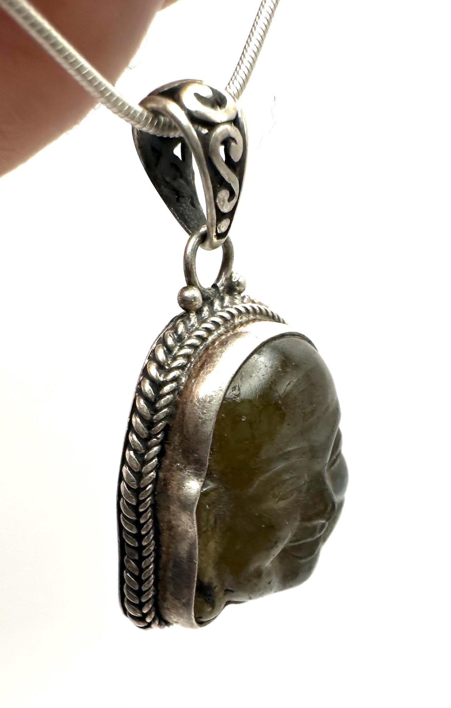 Labradorite carved Happy Buddha face,Laughing Buddha,handcrafted,sterling silver,Luck, prosperity,Nepalese,