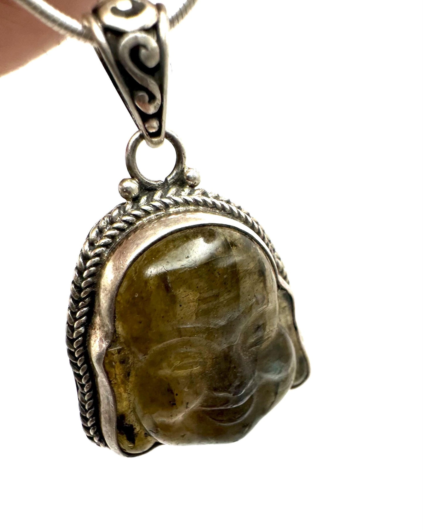 Labradorite carved Happy Buddha face,Laughing Buddha,handcrafted,sterling silver,Luck, prosperity,Nepalese,