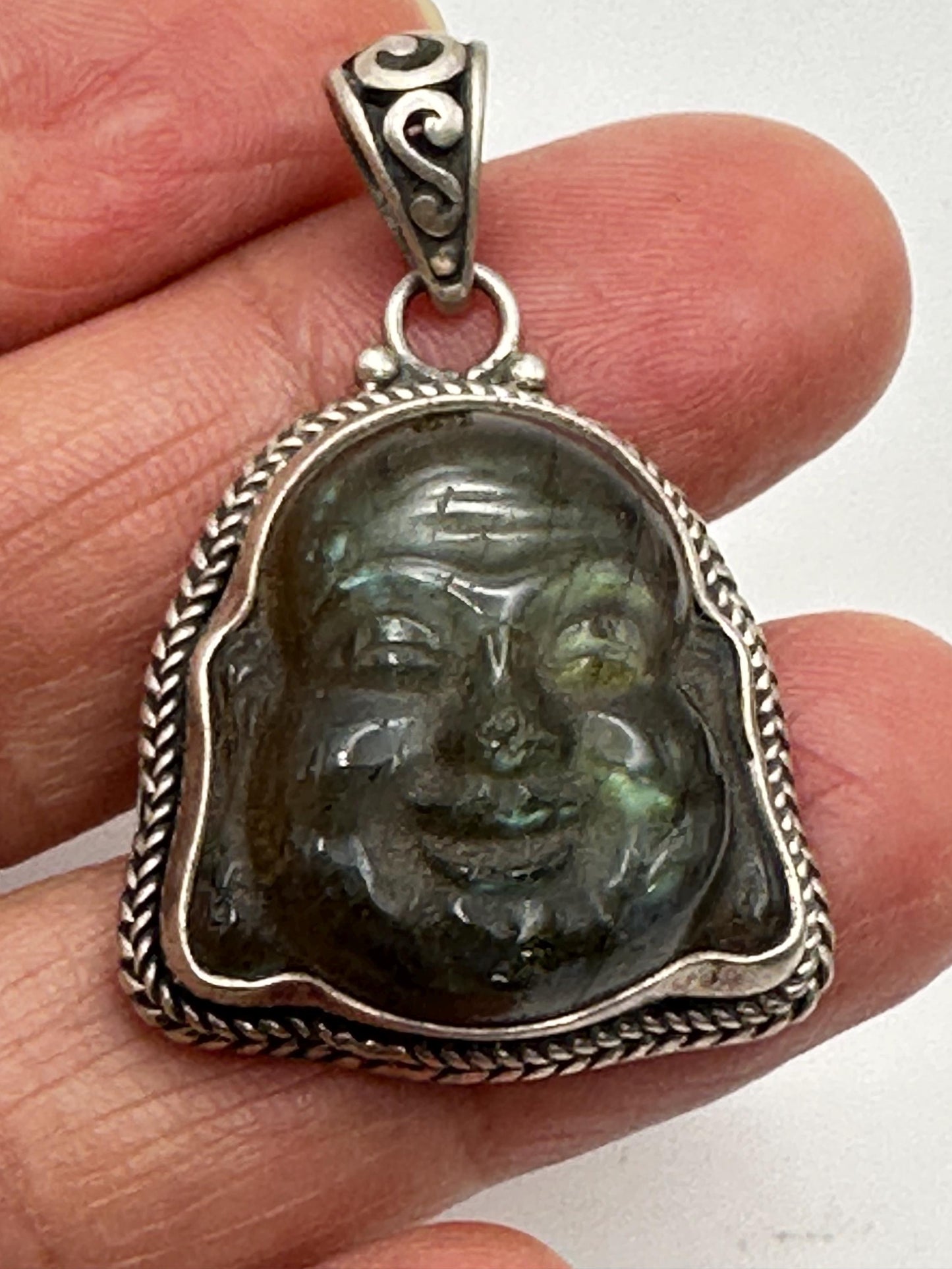 Labradorite carved Happy Buddha face,Laughing Buddha,handcrafted,sterling silver,Luck, prosperity,Nepalese,