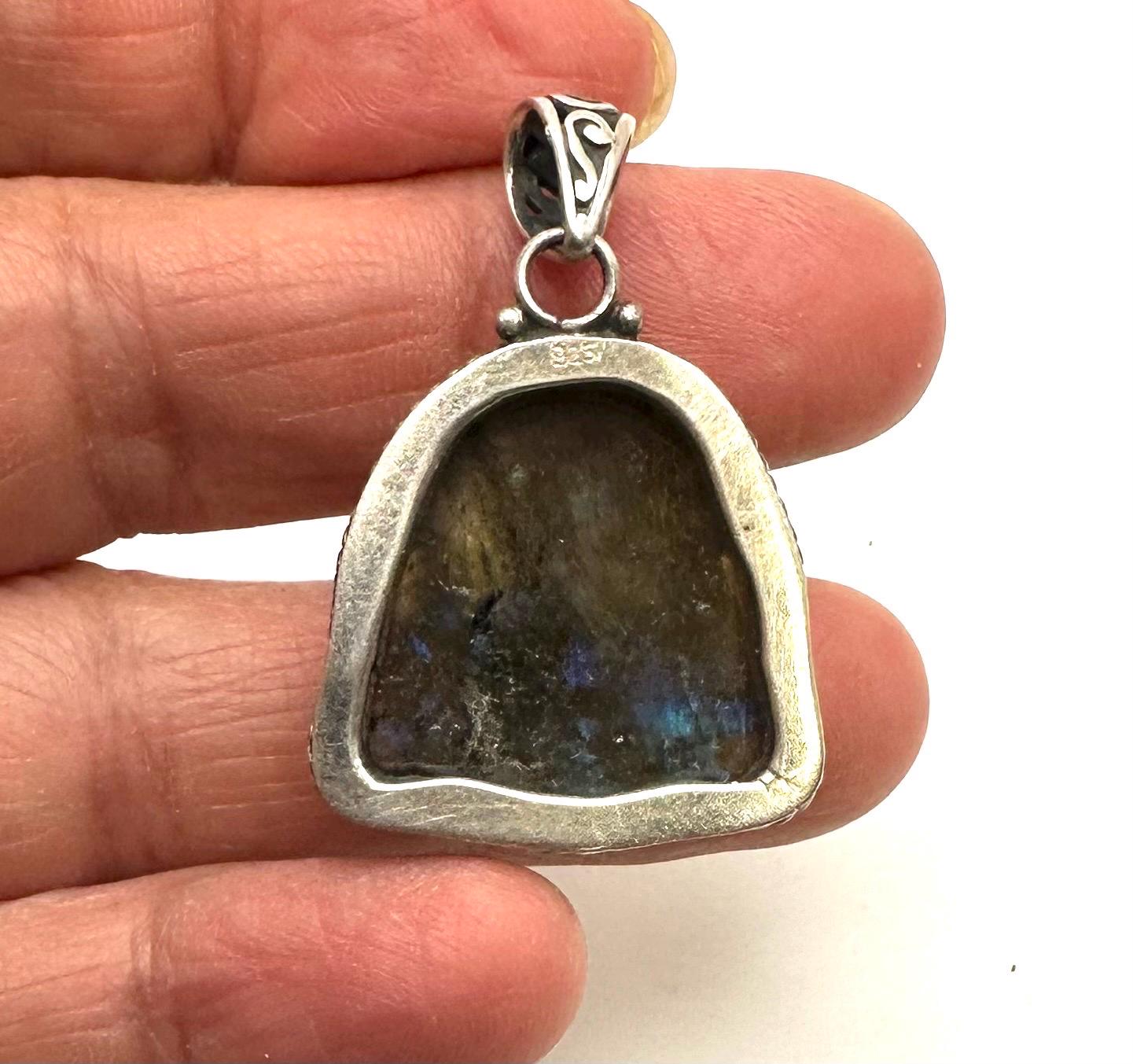 Labradorite carved Happy Buddha face,Laughing Buddha,handcrafted,sterling silver,Luck, prosperity,Nepalese,