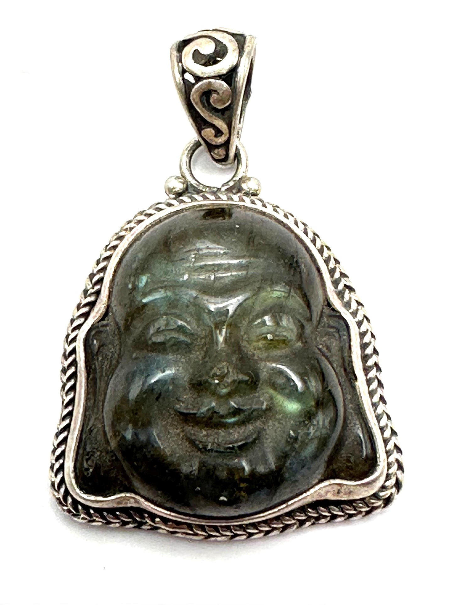 Labradorite carved Happy Buddha face,Laughing Buddha,handcrafted,sterling silver,Luck, prosperity,Nepalese,