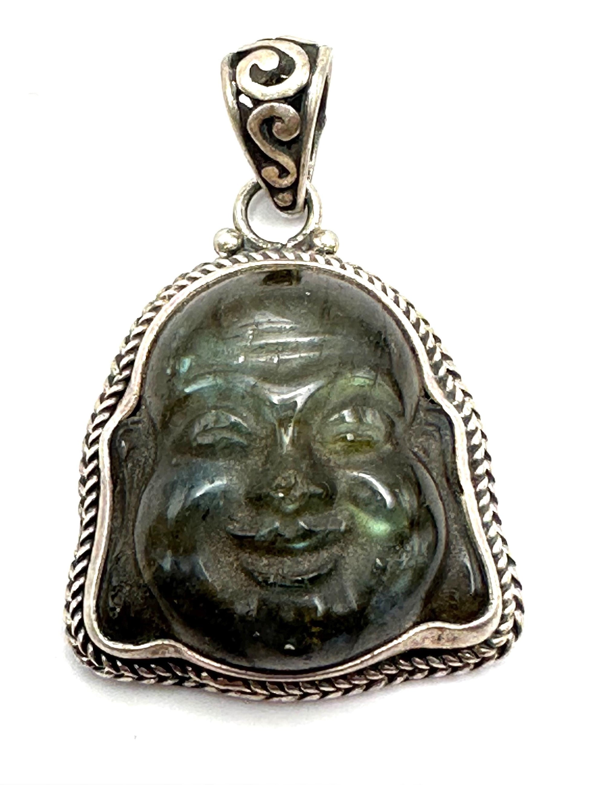 Labradorite carved Happy Buddha face,Laughing Buddha,handcrafted,sterling silver,Luck, prosperity,Nepalese,