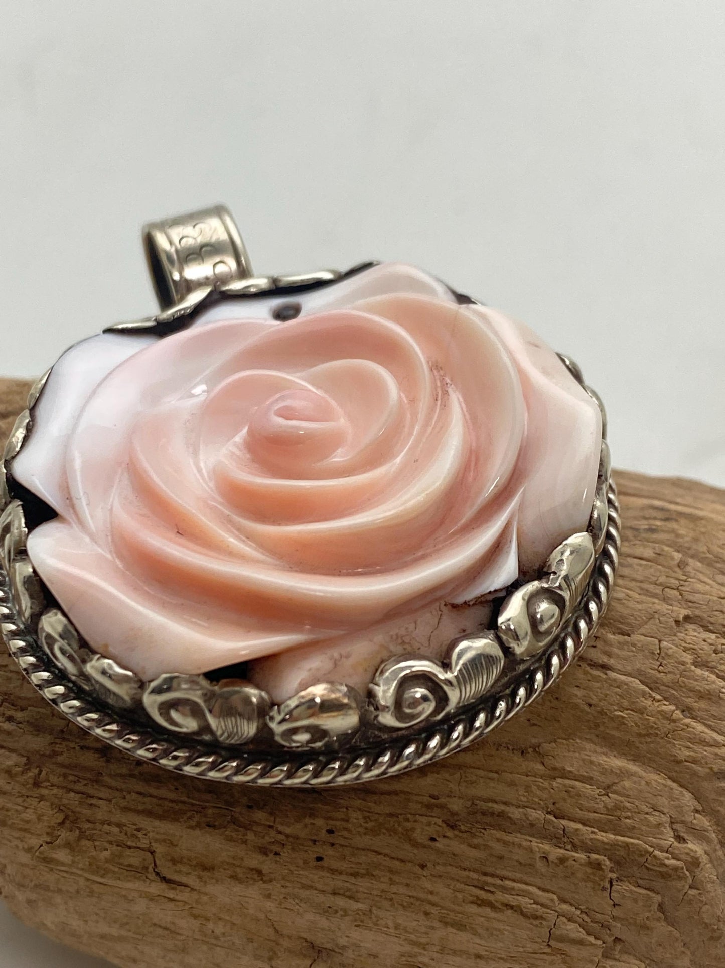 Handcrafted Shell Carved Rose Pendant: Tibetan Silver Flower