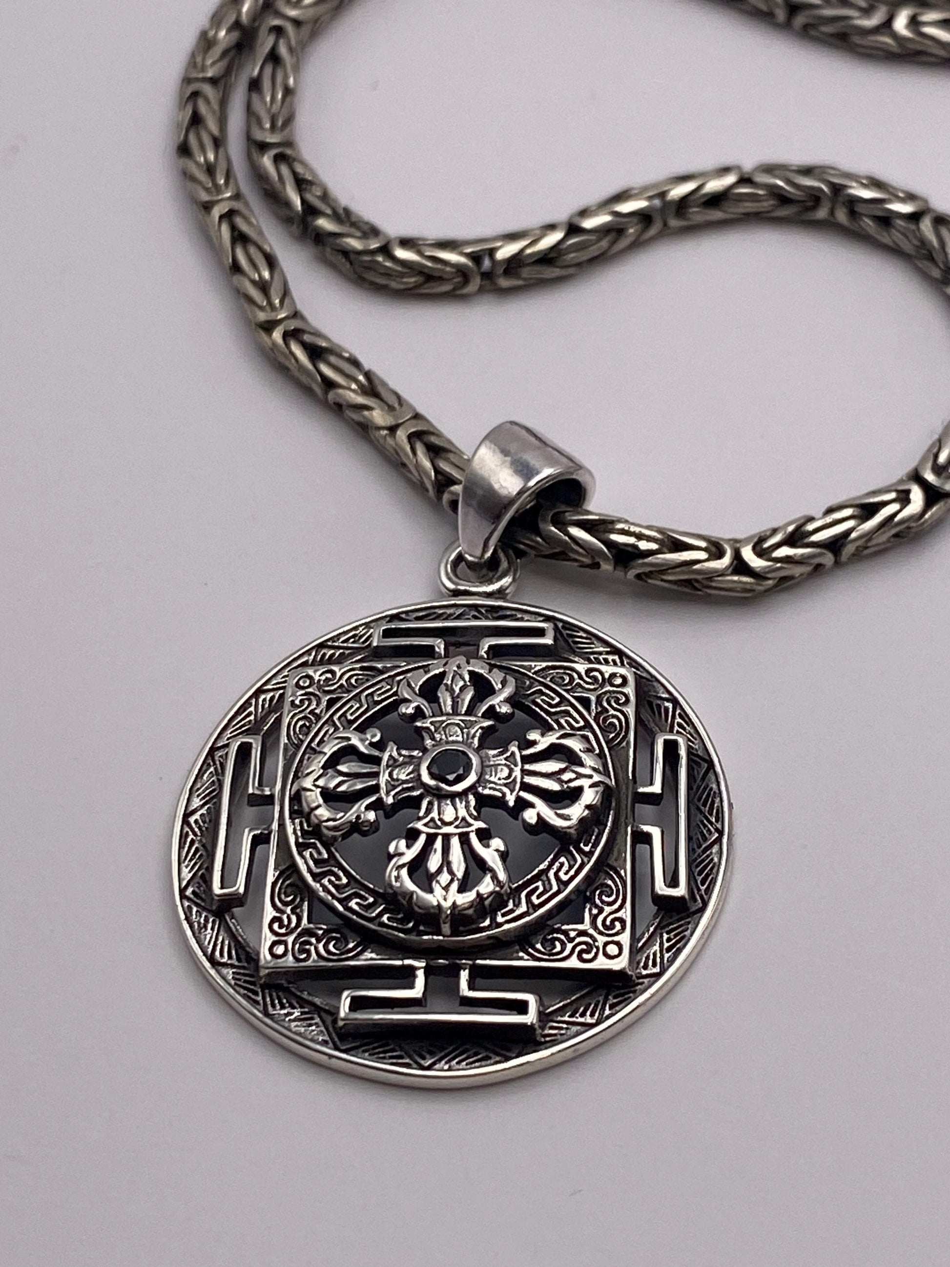 Dorje pendant,Double Dorje ,mandala,Black onyx, handcrafted,sterling silver,Nepalese