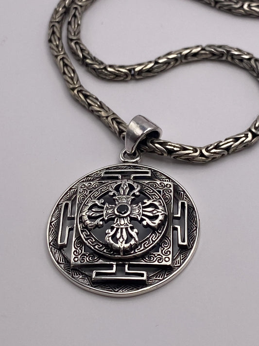 Dorje pendant,Double Dorje ,mandala,Black onyx, handcrafted,sterling silver,Nepalese
