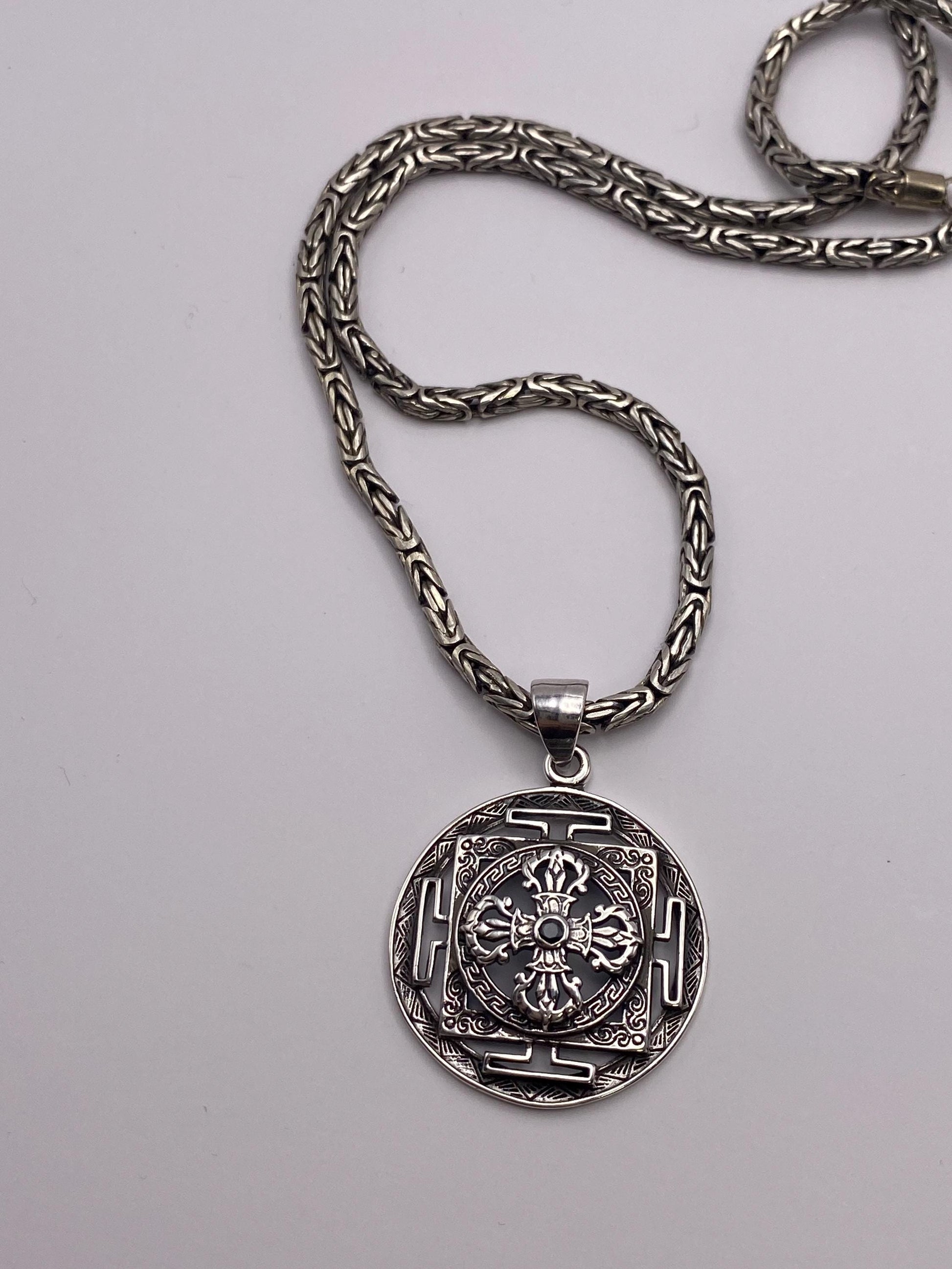 Dorje pendant,Double Dorje ,mandala,Black onyx, handcrafted,sterling silver,Nepalese