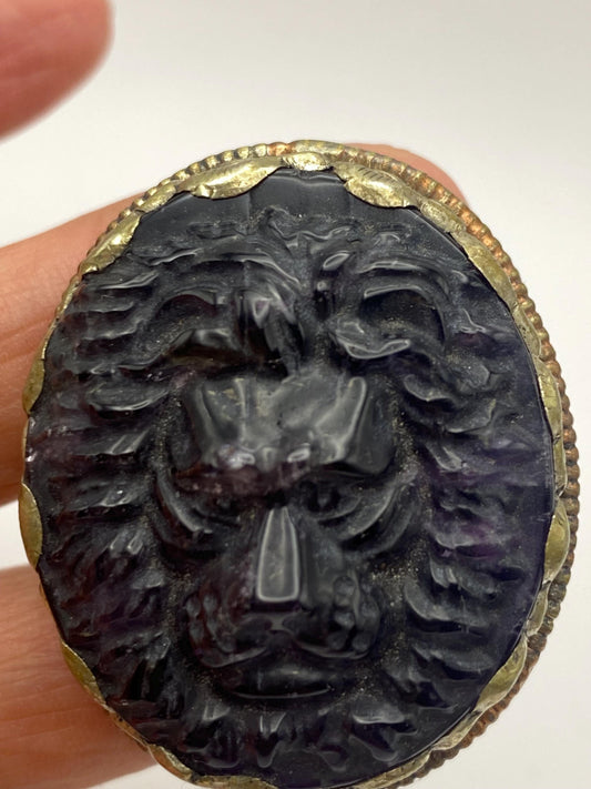 Lion ring, amethyst carved, handcrafted, Tibetan silver,Nepalese,ethnic style