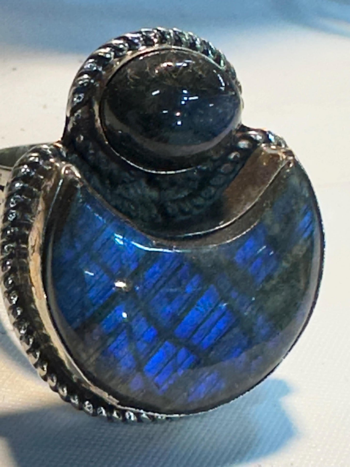 Labradorite ring,half moon ring,set with labradorite Tibetan silver ,adjustable , handcrafted,ethnic style Nepalese