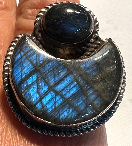 Labradorite ring,half moon ring,set with labradorite Tibetan silver ,adjustable , handcrafted,ethnic style Nepalese