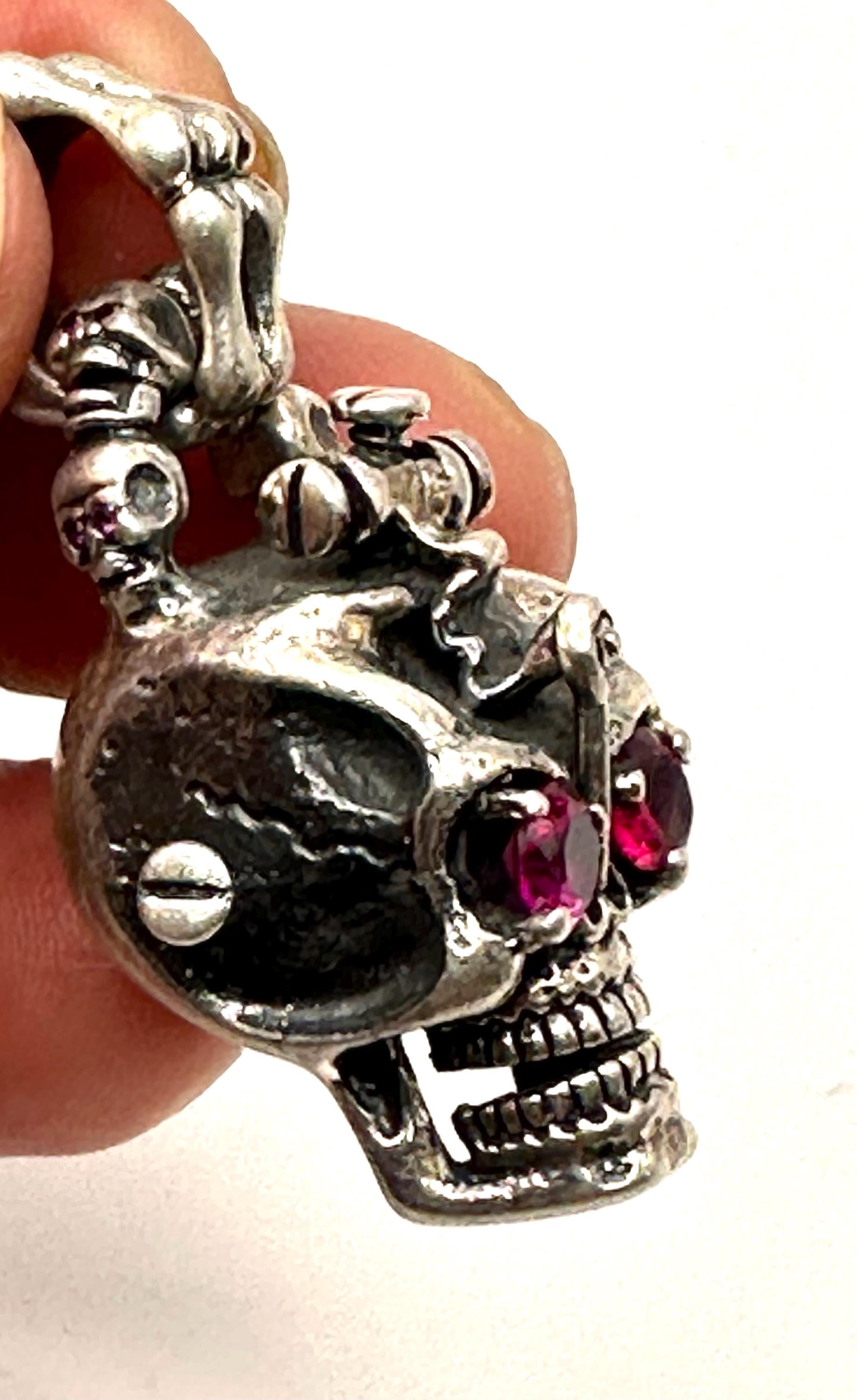 Sterling Silver Skull Pendant with Red Gems: Gothic Biker Jewelry