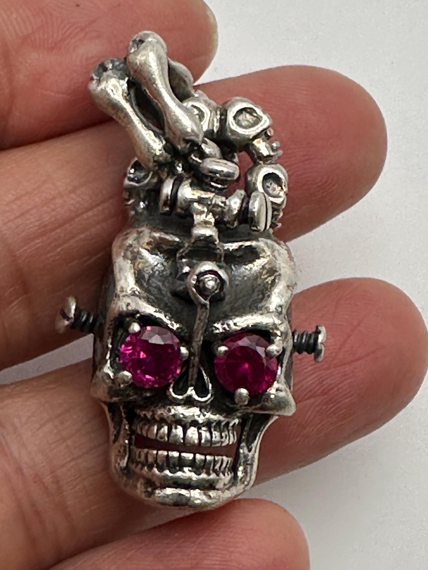 Sterling Silver Skull Pendant with Red Gems: Gothic Biker Jewelry