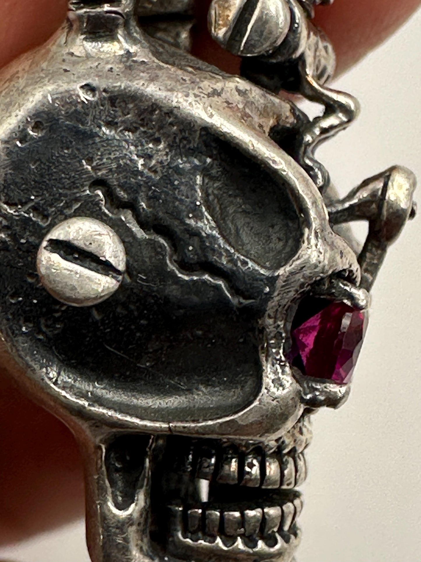 Sterling Silver Skull Pendant with Red Gems: Gothic Biker Jewelry