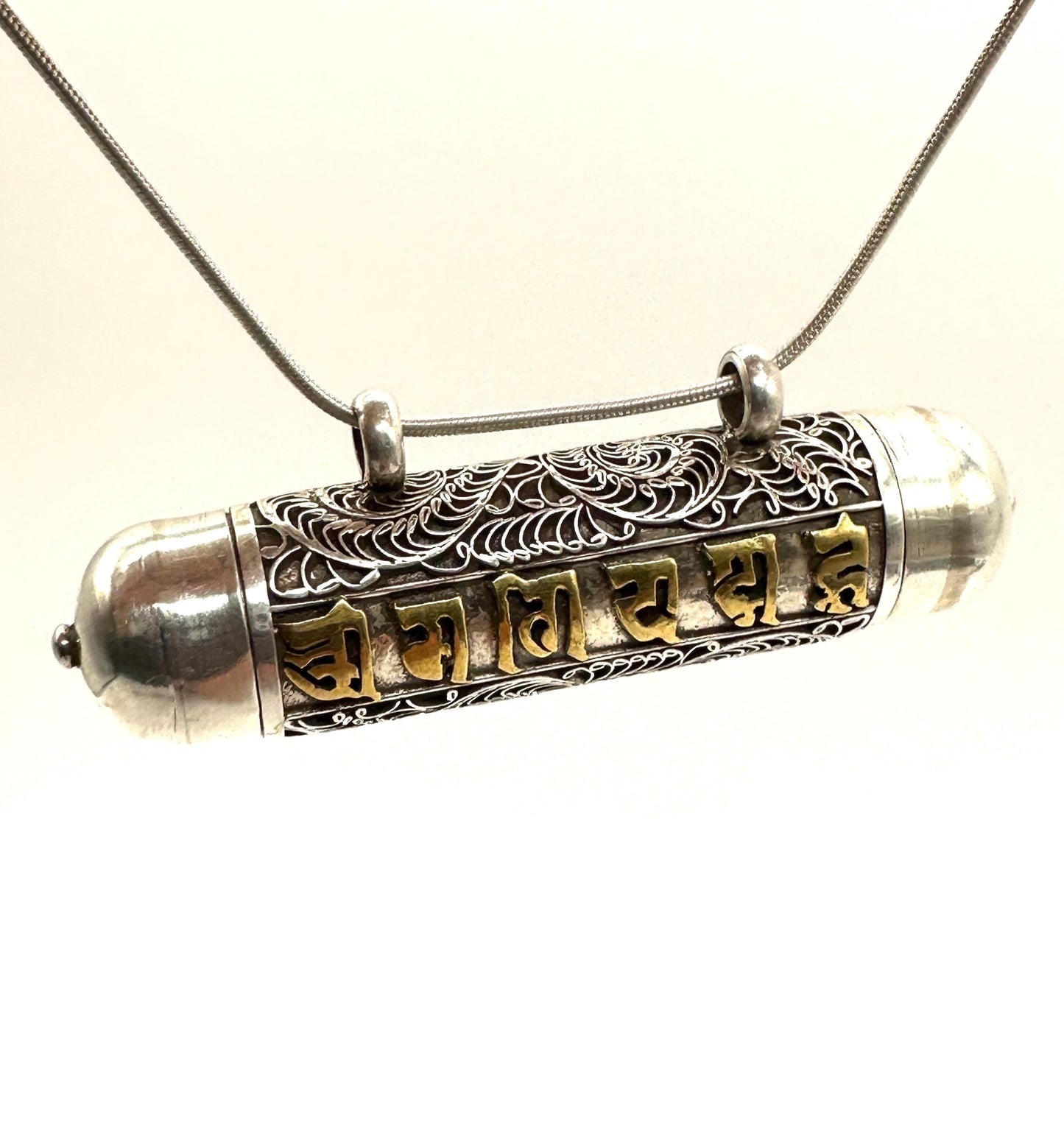Sterling Silver Ghau Prayer Box Locket: Engraved Buddhist Mantra