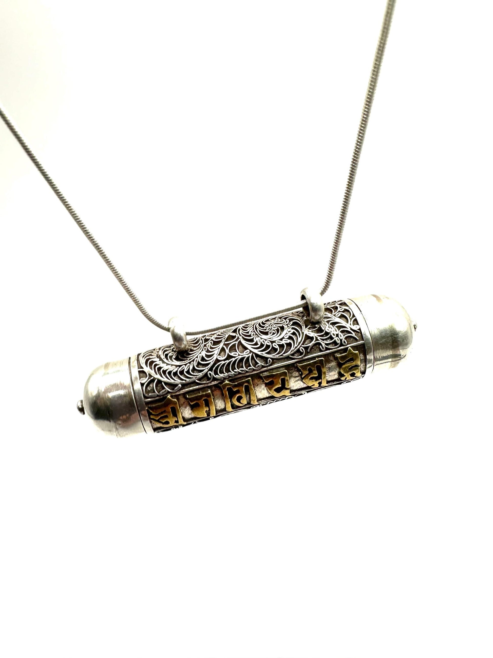 Sterling Silver Ghau Prayer Box Locket: Engraved Buddhist Mantra