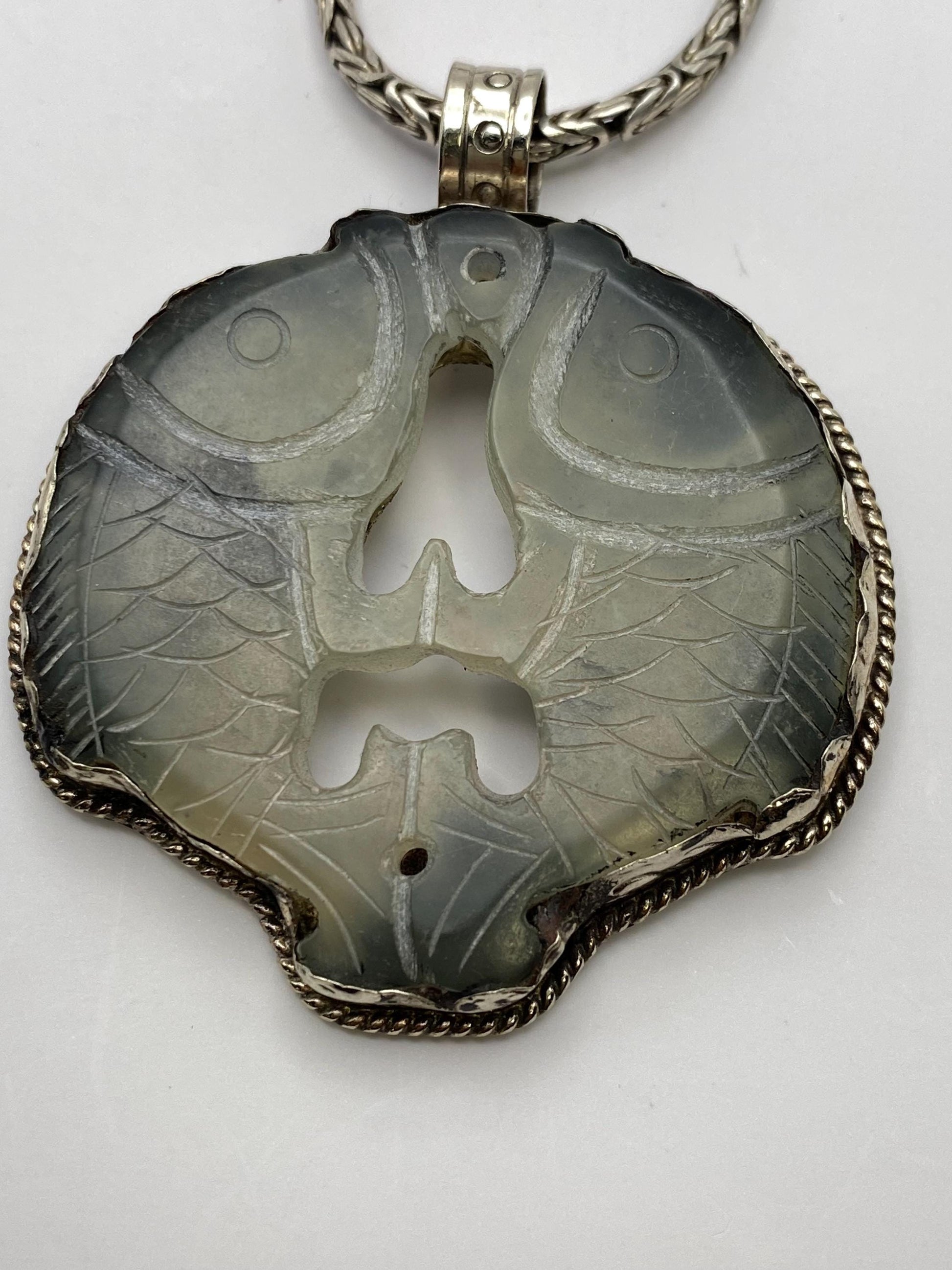 Jade Double Fish Pendant: Handcrafted Tibetan Silver, Nepalese