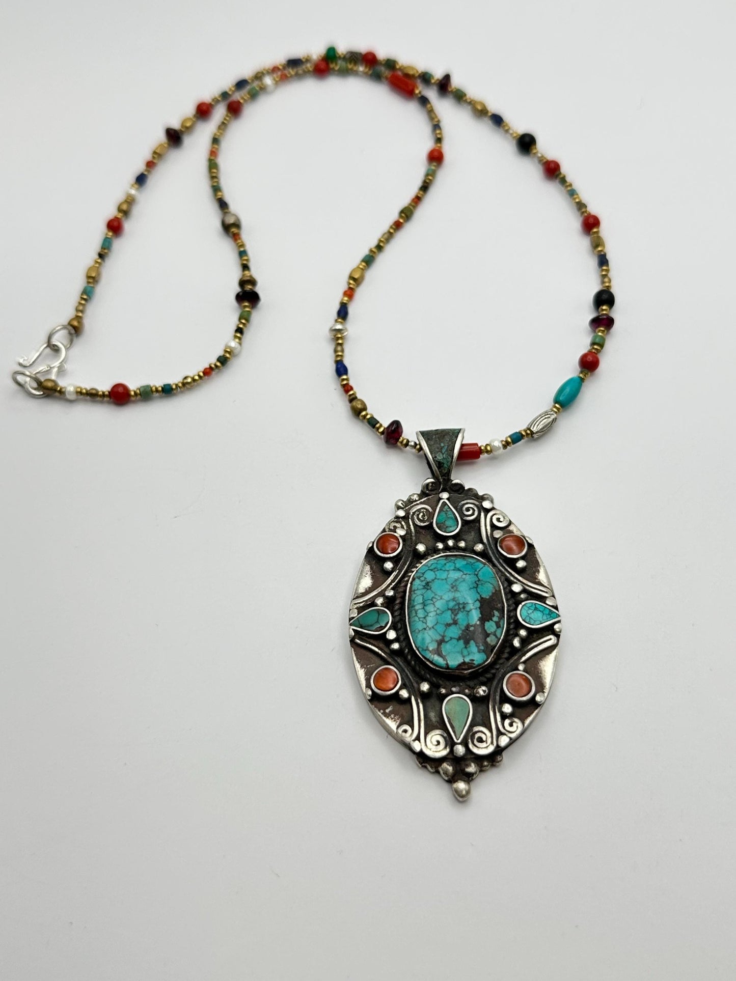 Turquoise, coral pendant, sterling silver, handcrafted,ethnic style,Nepalese