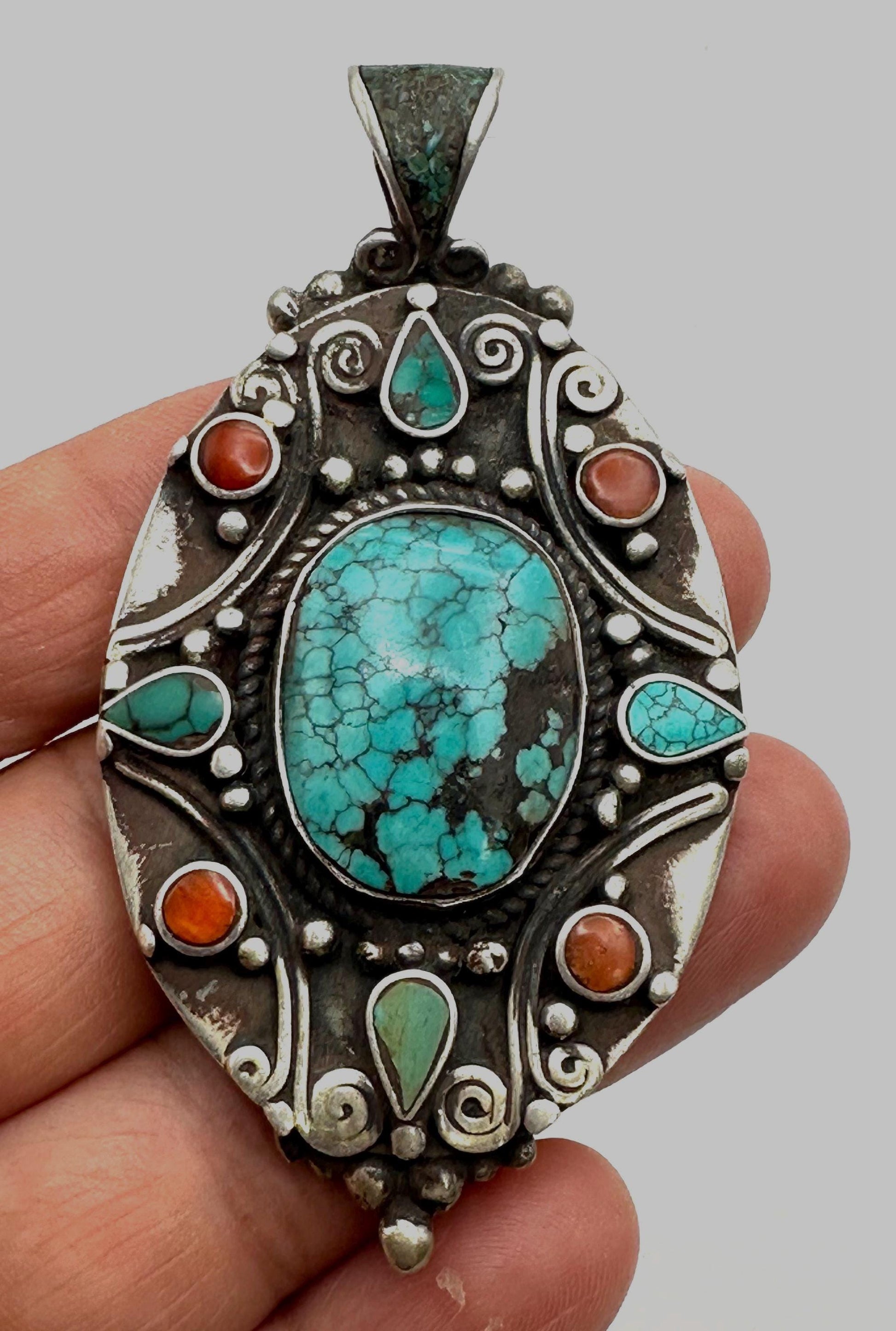 Turquoise, coral pendant, sterling silver, handcrafted,ethnic style,Nepalese