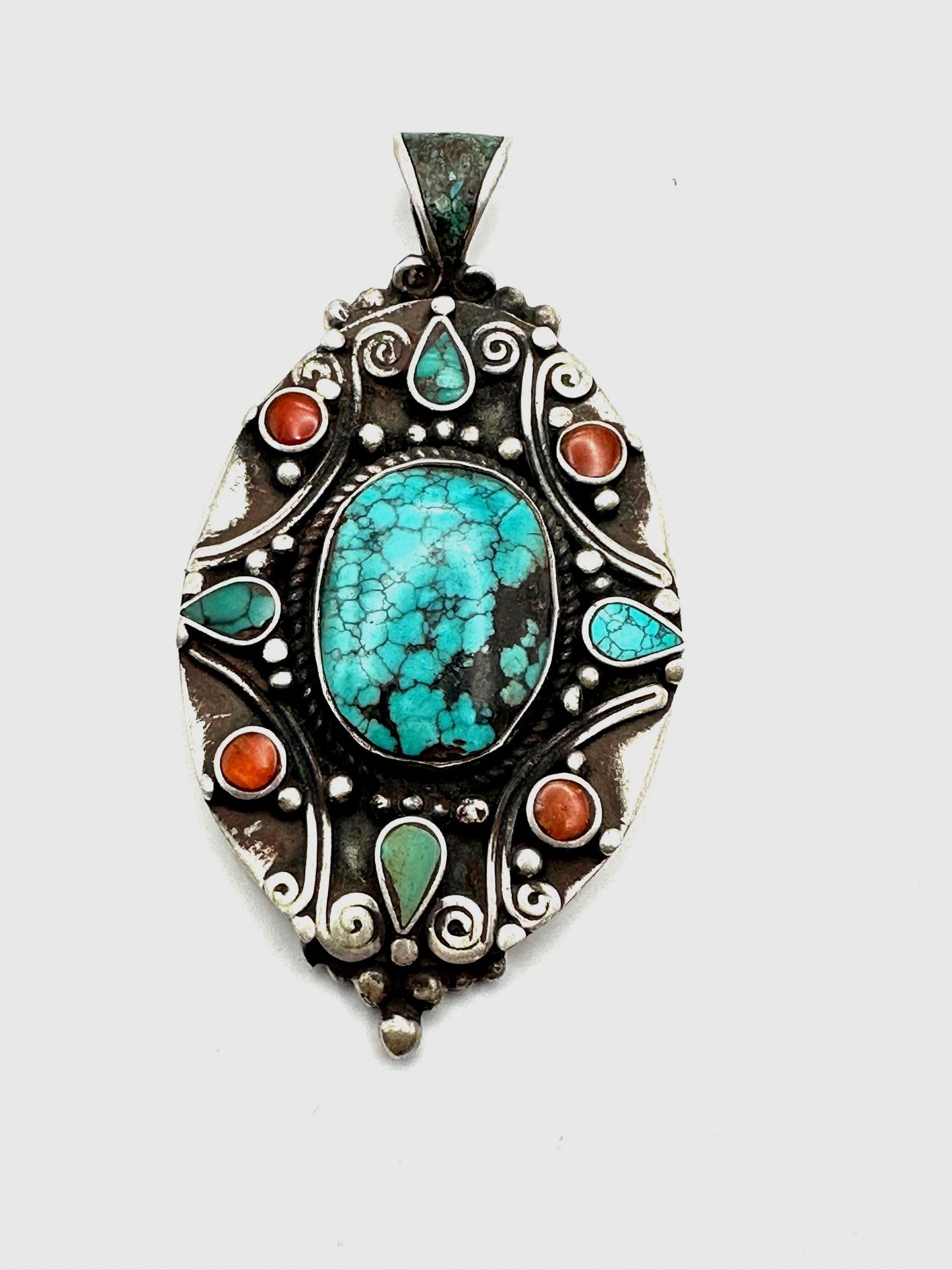 Turquoise, coral pendant, sterling silver, handcrafted,ethnic style,Nepalese