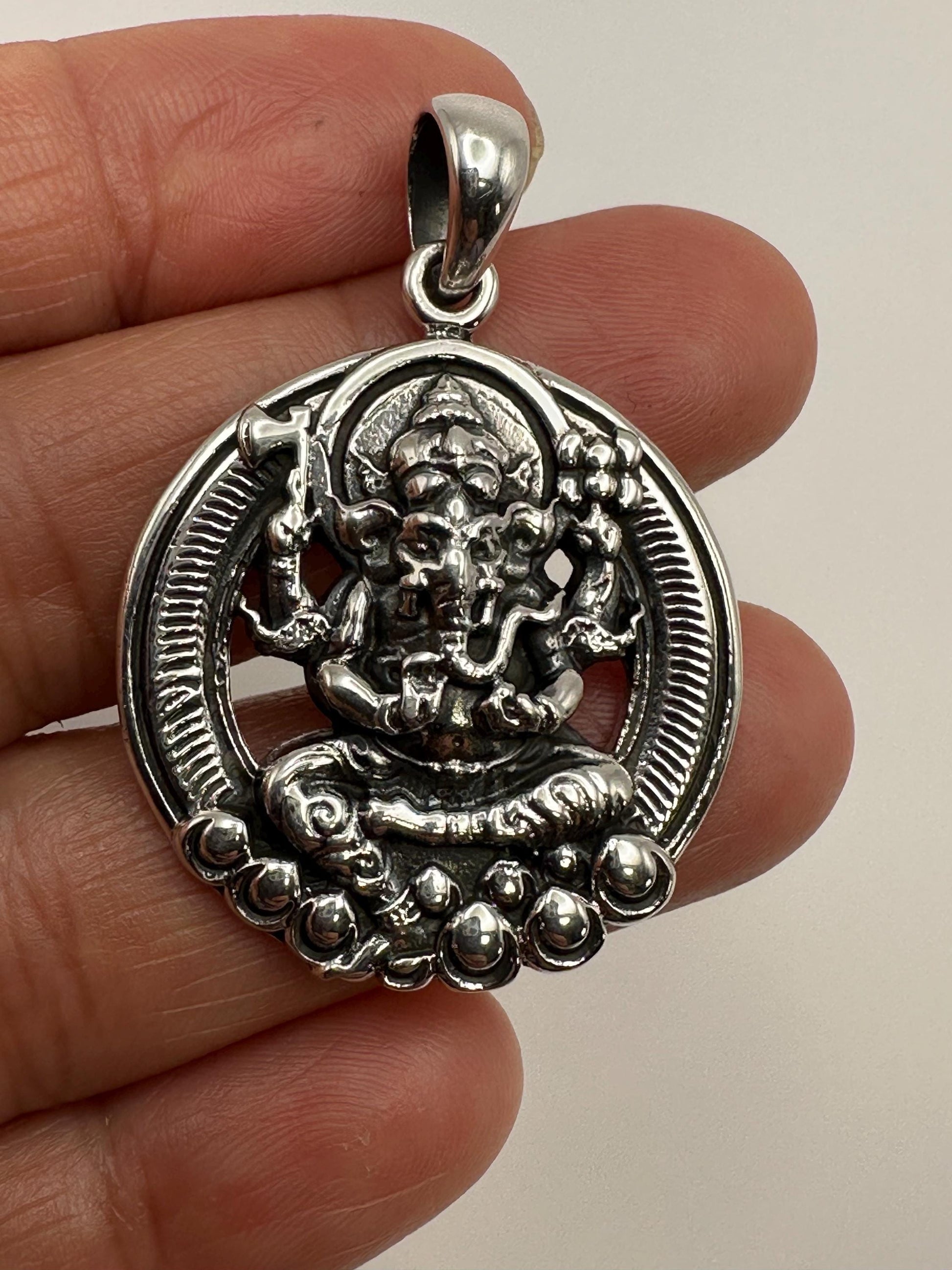 Sterling Silver Ganesh Pendant: Carved Amulet Charm