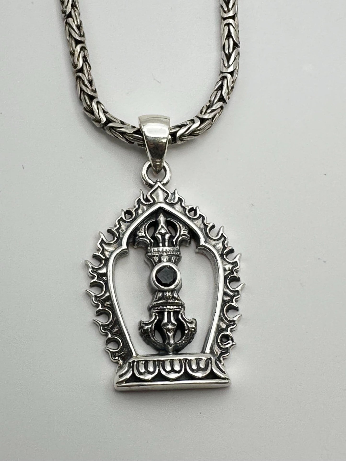 Sterling Silver Vajra Pendant: Black Onyx Dorje Flame Design
