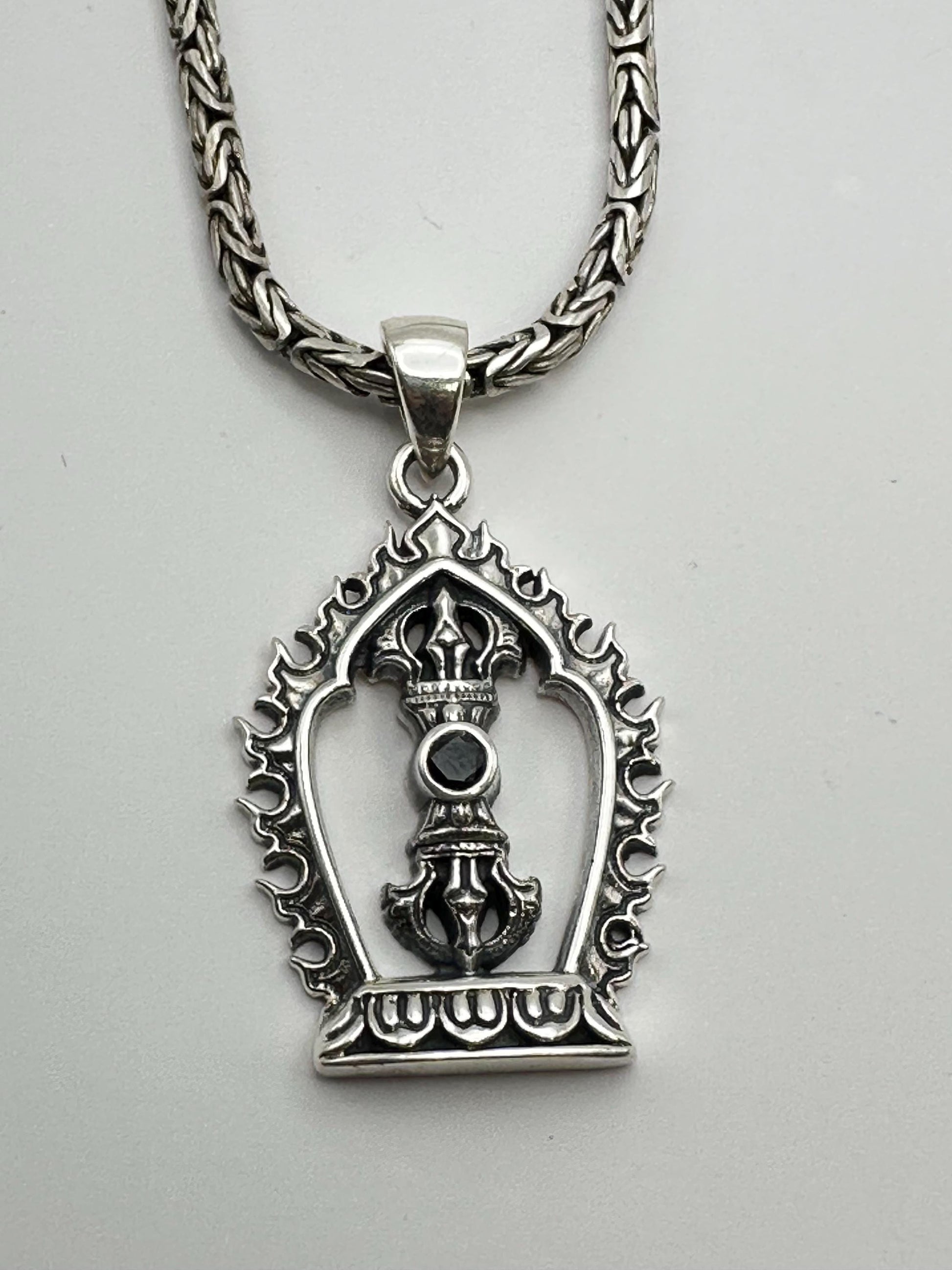 Sterling Silver Vajra Pendant: Black Onyx Dorje Flame Design