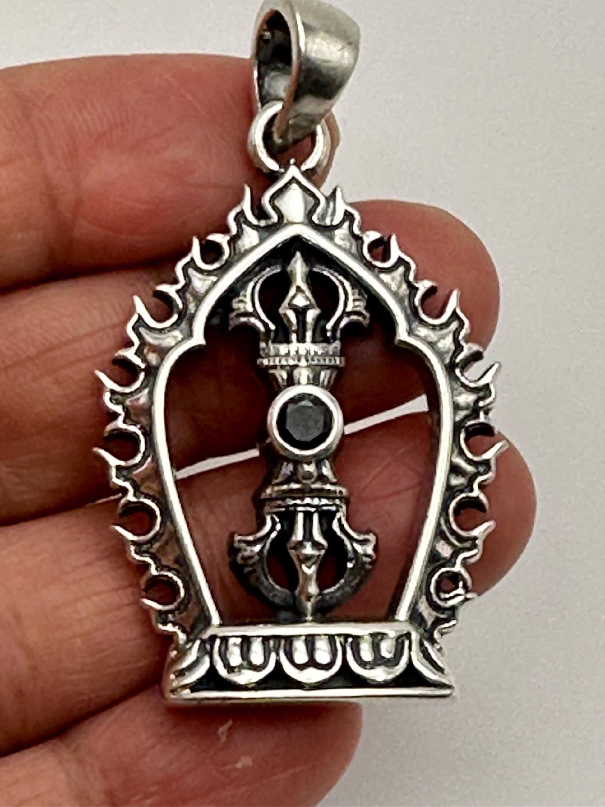 Sterling Silver Vajra Pendant: Black Onyx Dorje Flame Design