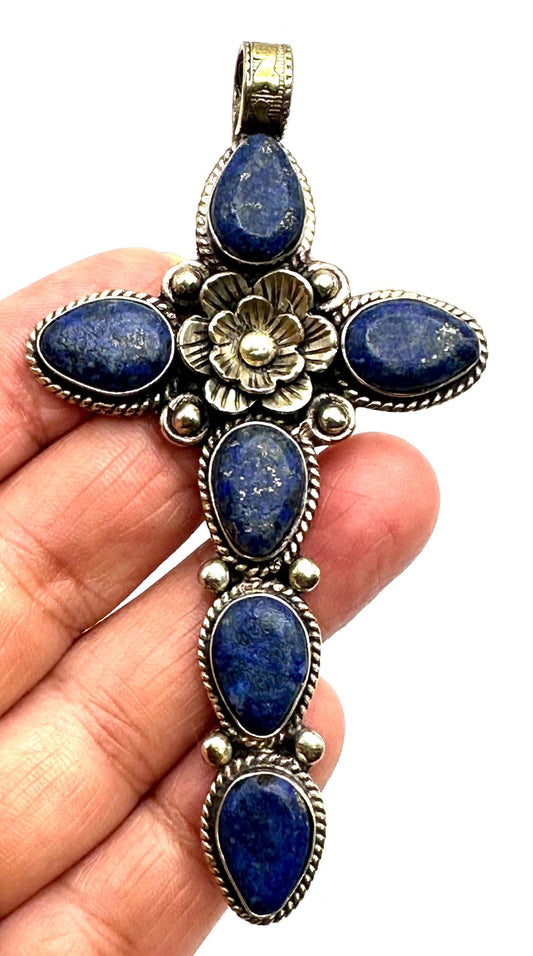 Cross pendant, Lapis lazuli, handcrafted, Tibetan silver,Floral design,Nepalese