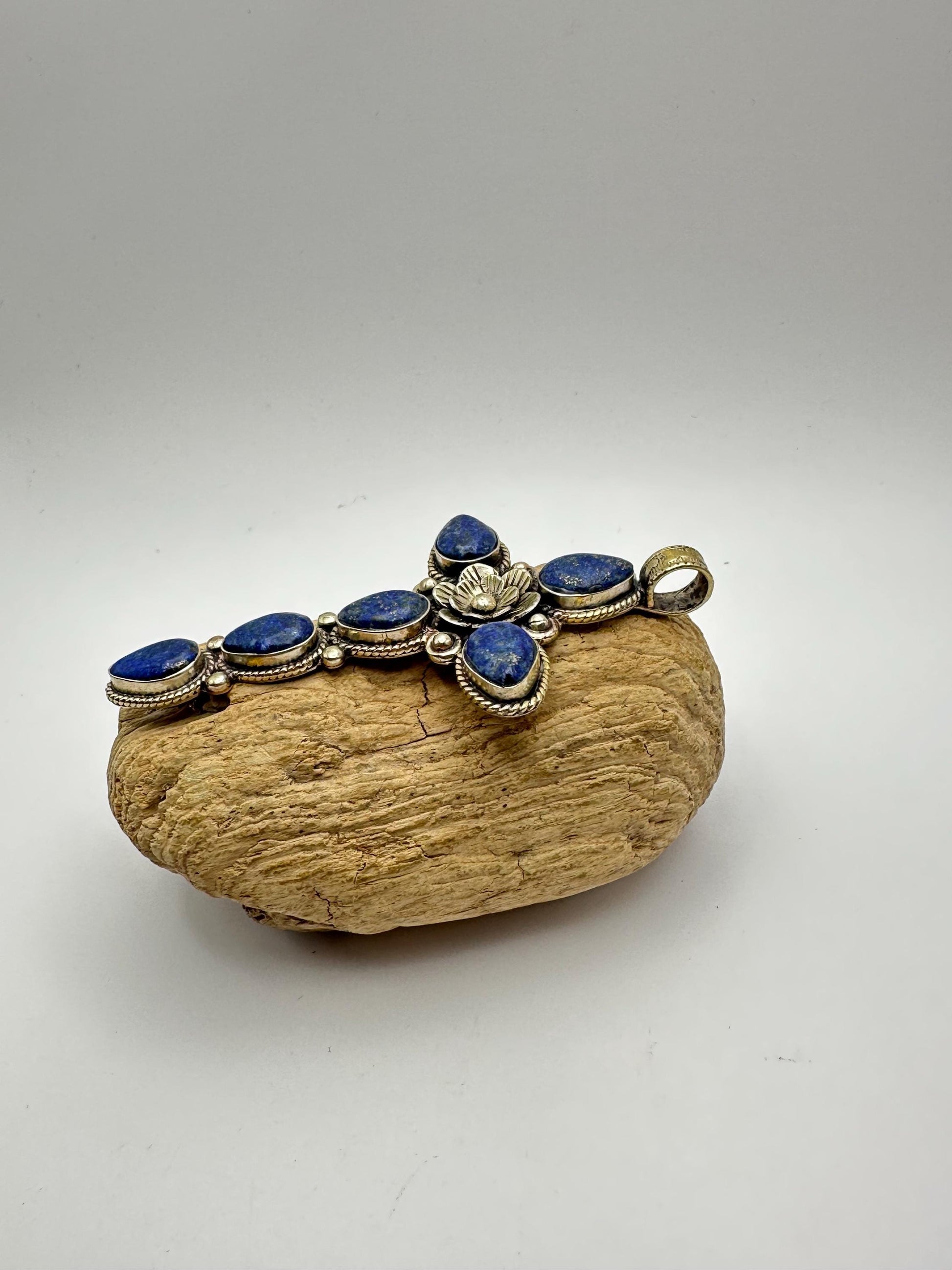 Cross pendant, Lapis lazuli, handcrafted, Tibetan silver,Floral design,Nepalese