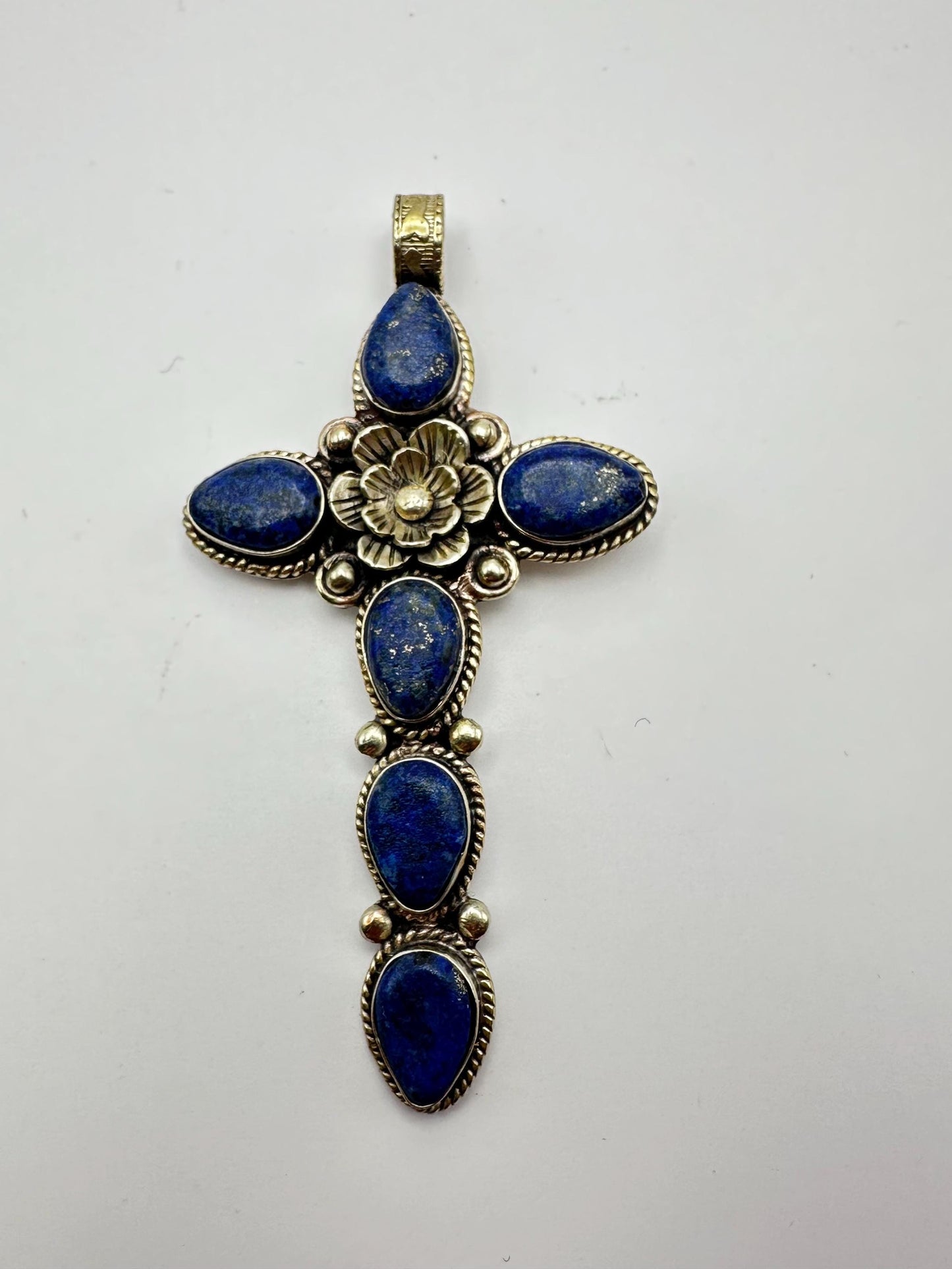 Cross pendant, Lapis lazuli, handcrafted, Tibetan silver,Floral design,Nepalese