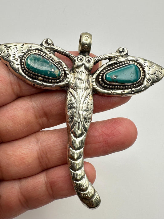 Dragonfly pendant,Tibetan silver,Turquoise, handcrafted,Bug pendant,Nepalese
