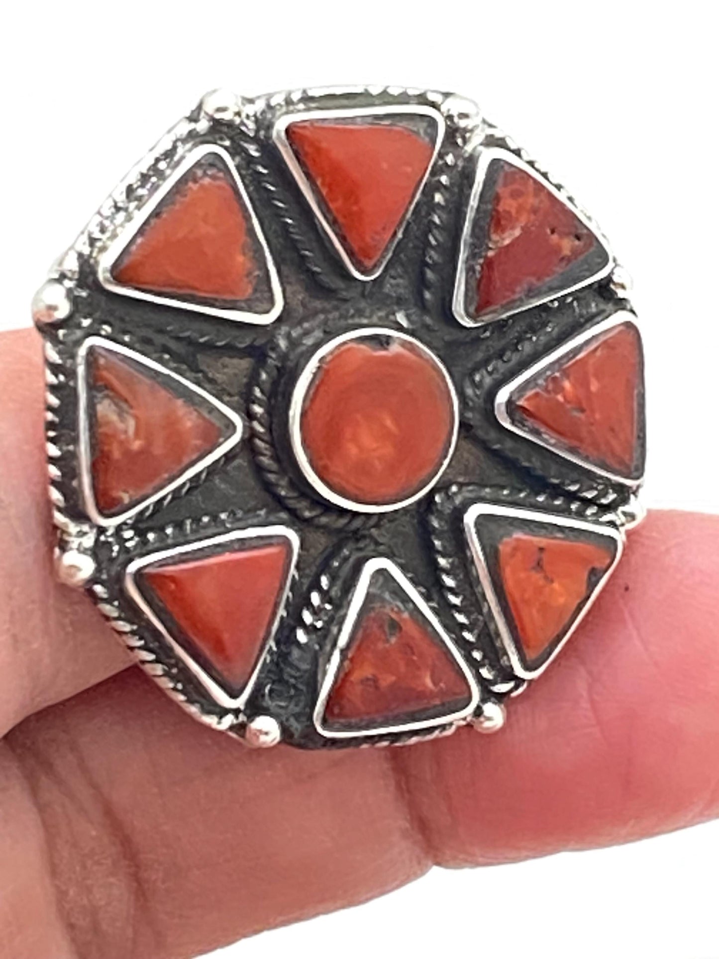 coral ring,handcrafted,sterling silver,Himalayan,Nepalese,ethnic style,floral design,adjustable