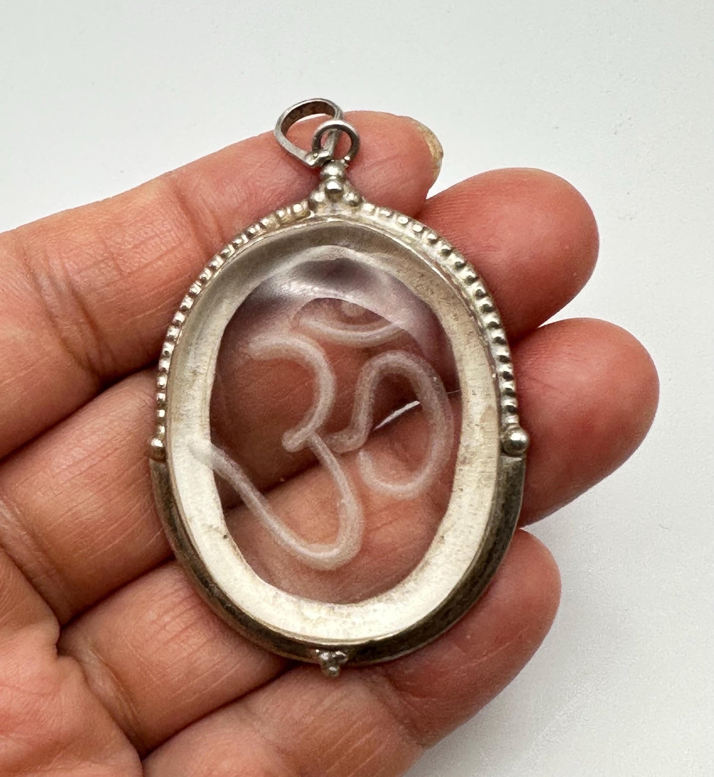 Om pendant,Quartz crystal,handcrafted,amulet, sterling silver,Nepalese
