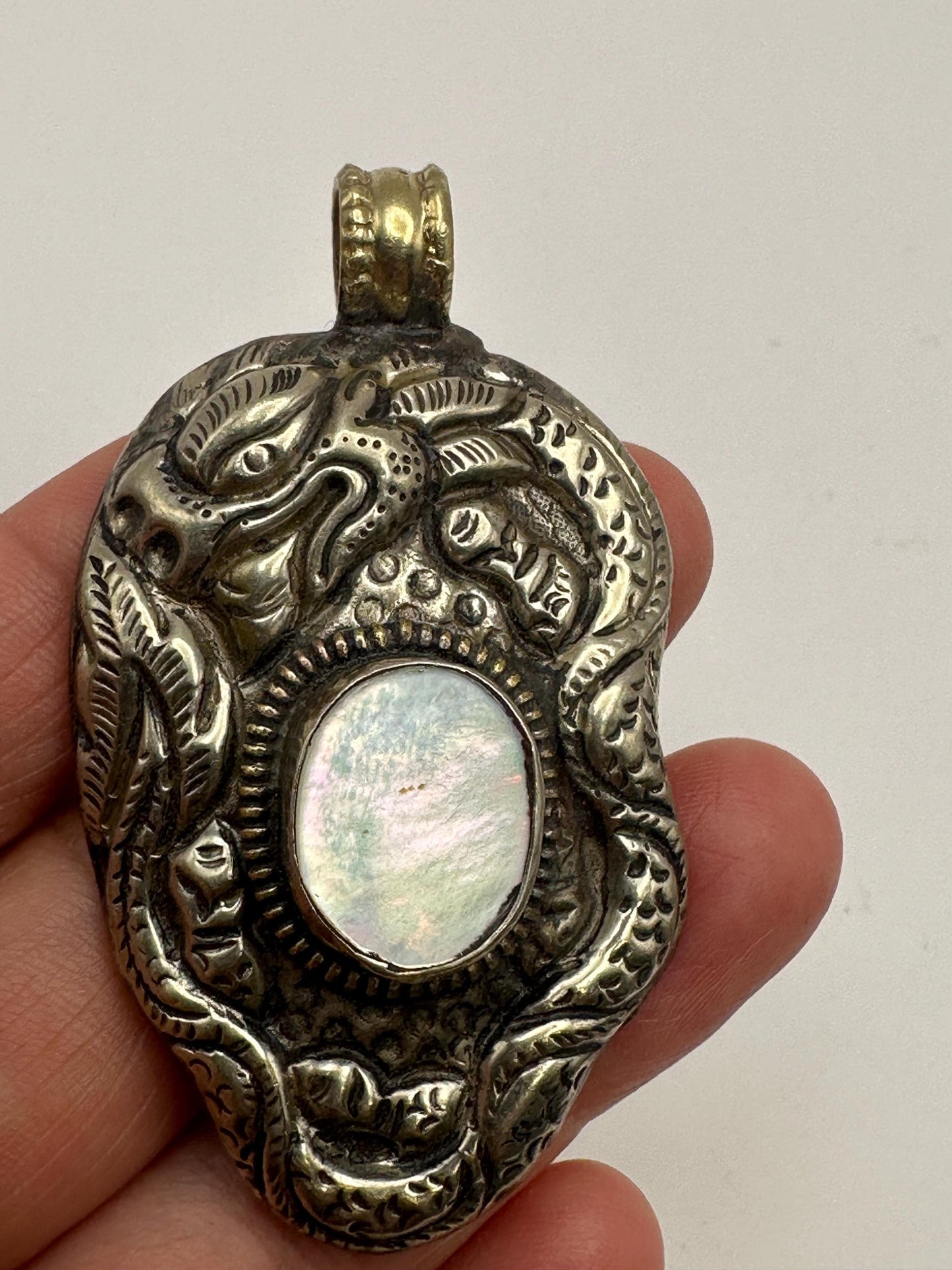 Dragon pendant, handcrafted, Tibetan silver,ethnic style,mother of pearl ,Nepalese,