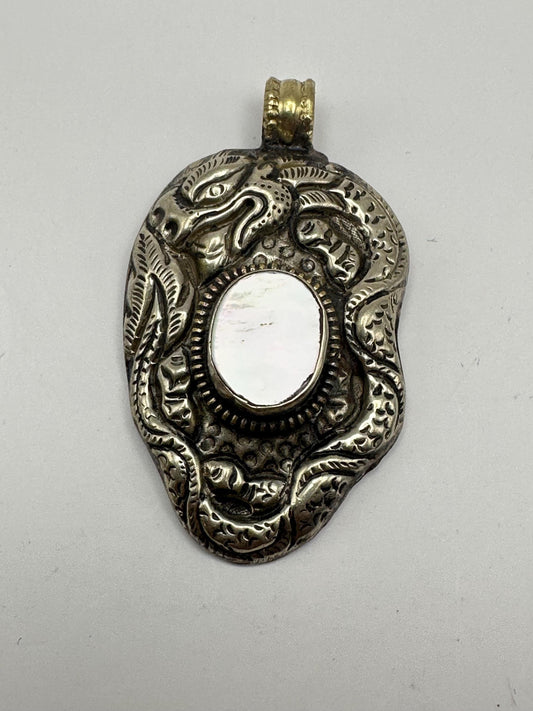 Dragon pendant, handcrafted, Tibetan silver,ethnic style,mother of pearl ,Nepalese,