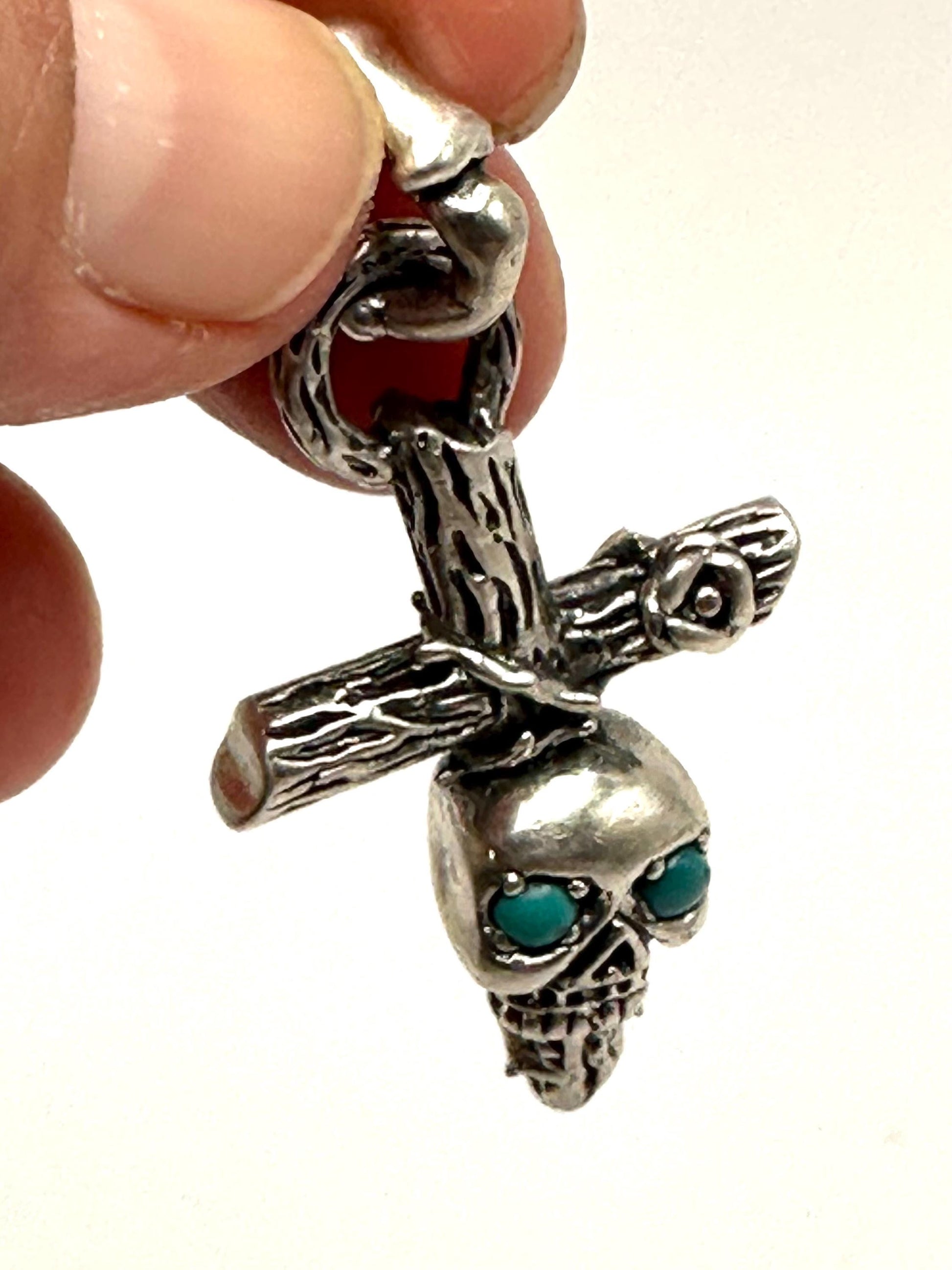 Sterling Silver Cross Skull Pendant: Gothic Turquoise Jewelry
