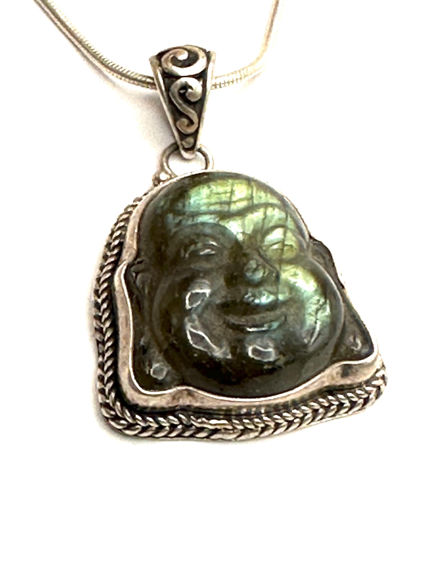Labradorite carved Happy Buddha face,Laughing Buddha,handcrafted,sterling silver,Luck, prosperity,Nepalese,