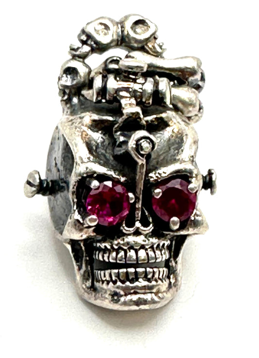 Sterling Silver Skull Pendant with Red Gems: Gothic Biker Jewelry