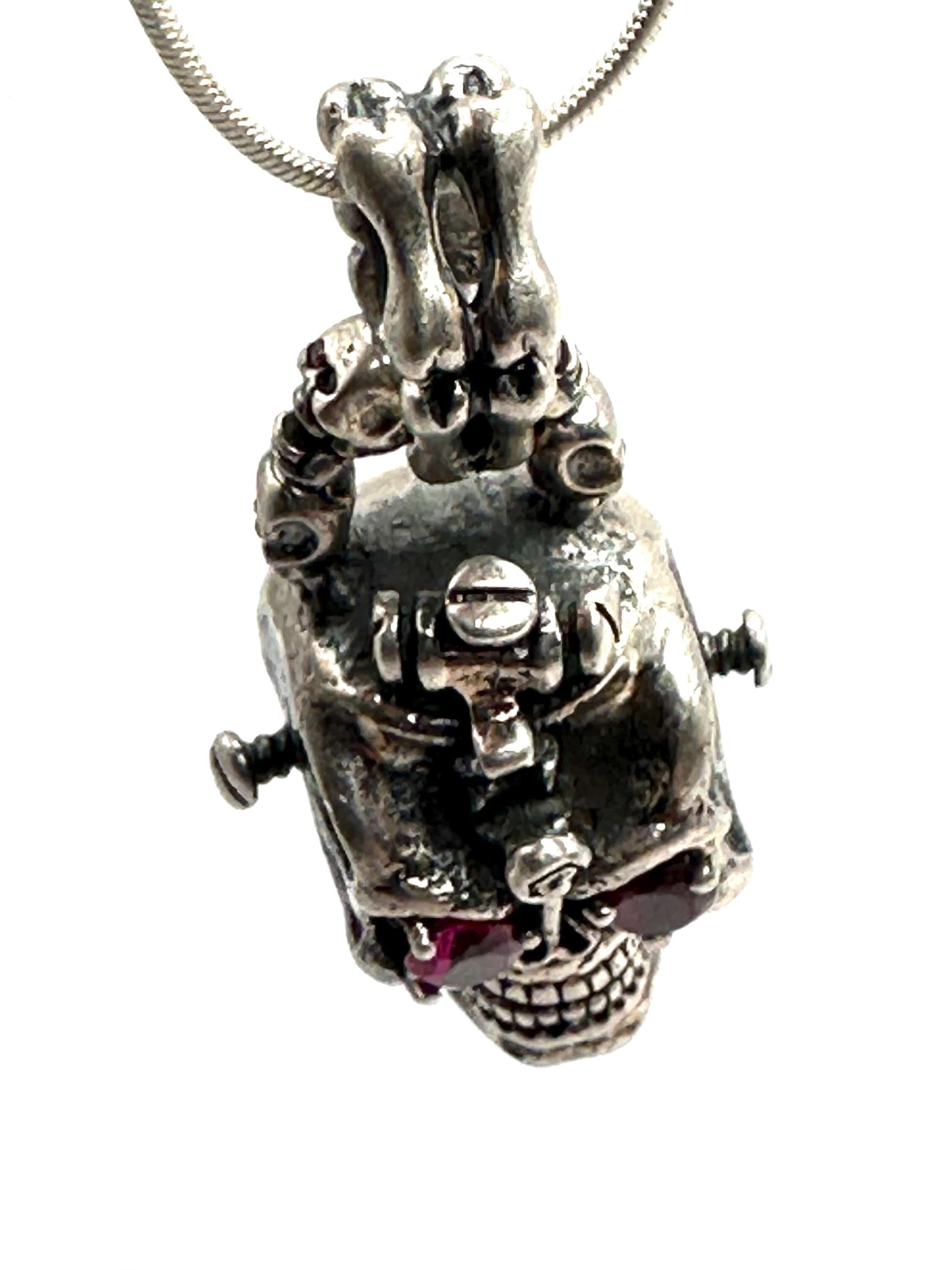 Sterling Silver Skull Pendant with Red Gems: Gothic Biker Jewelry