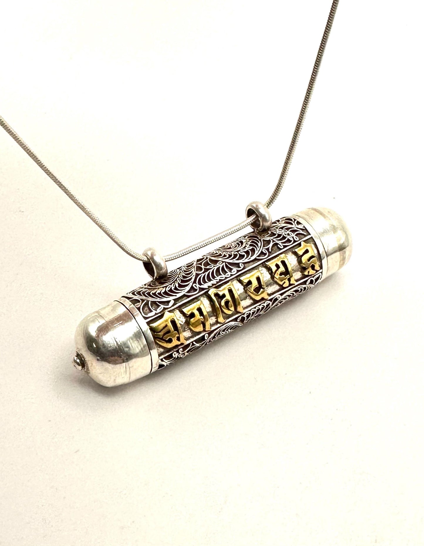 Sterling Silver Ghau Prayer Box Locket: Engraved Buddhist Mantra