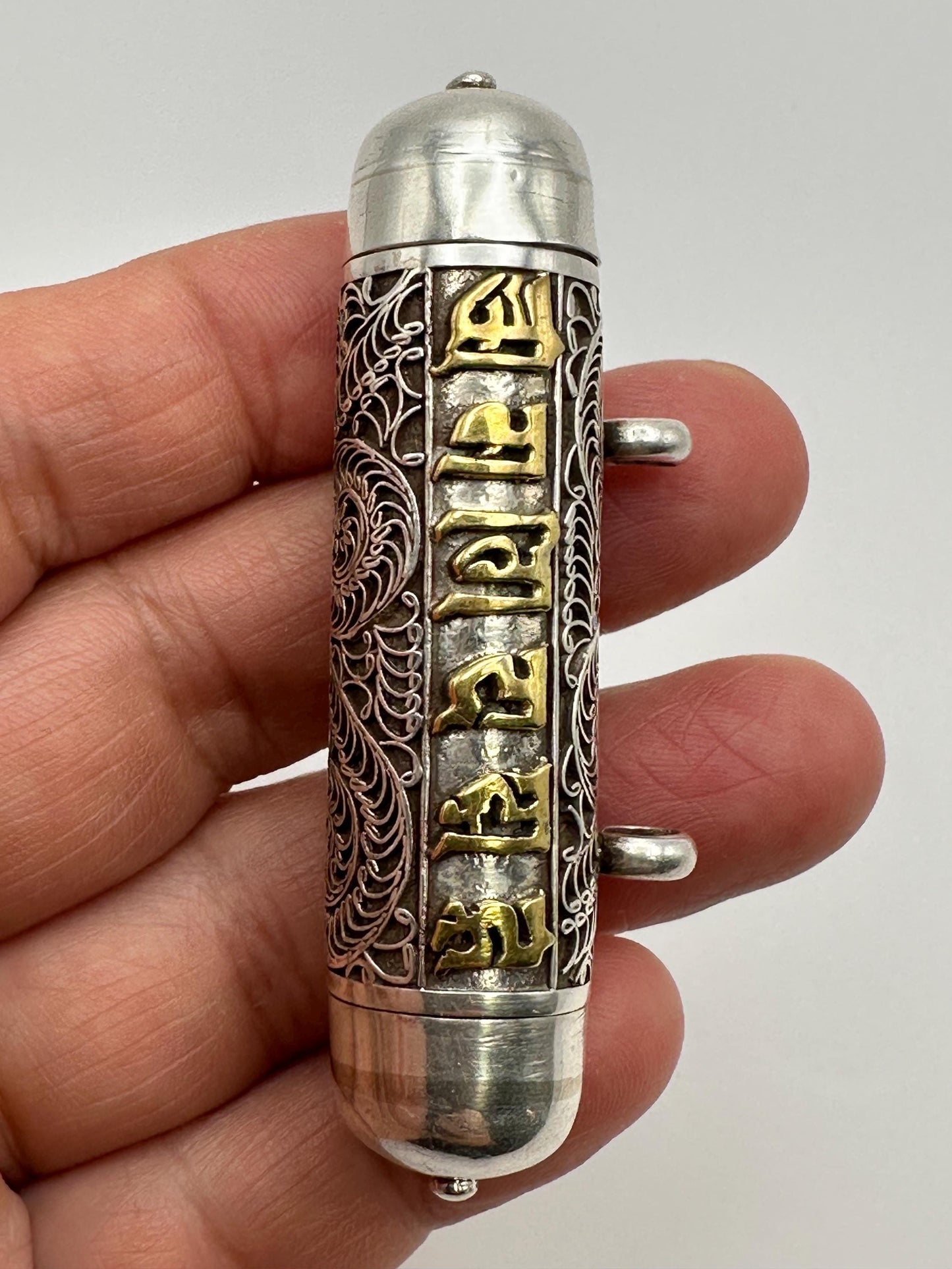 Sterling Silver Ghau Prayer Box Locket: Engraved Buddhist Mantra