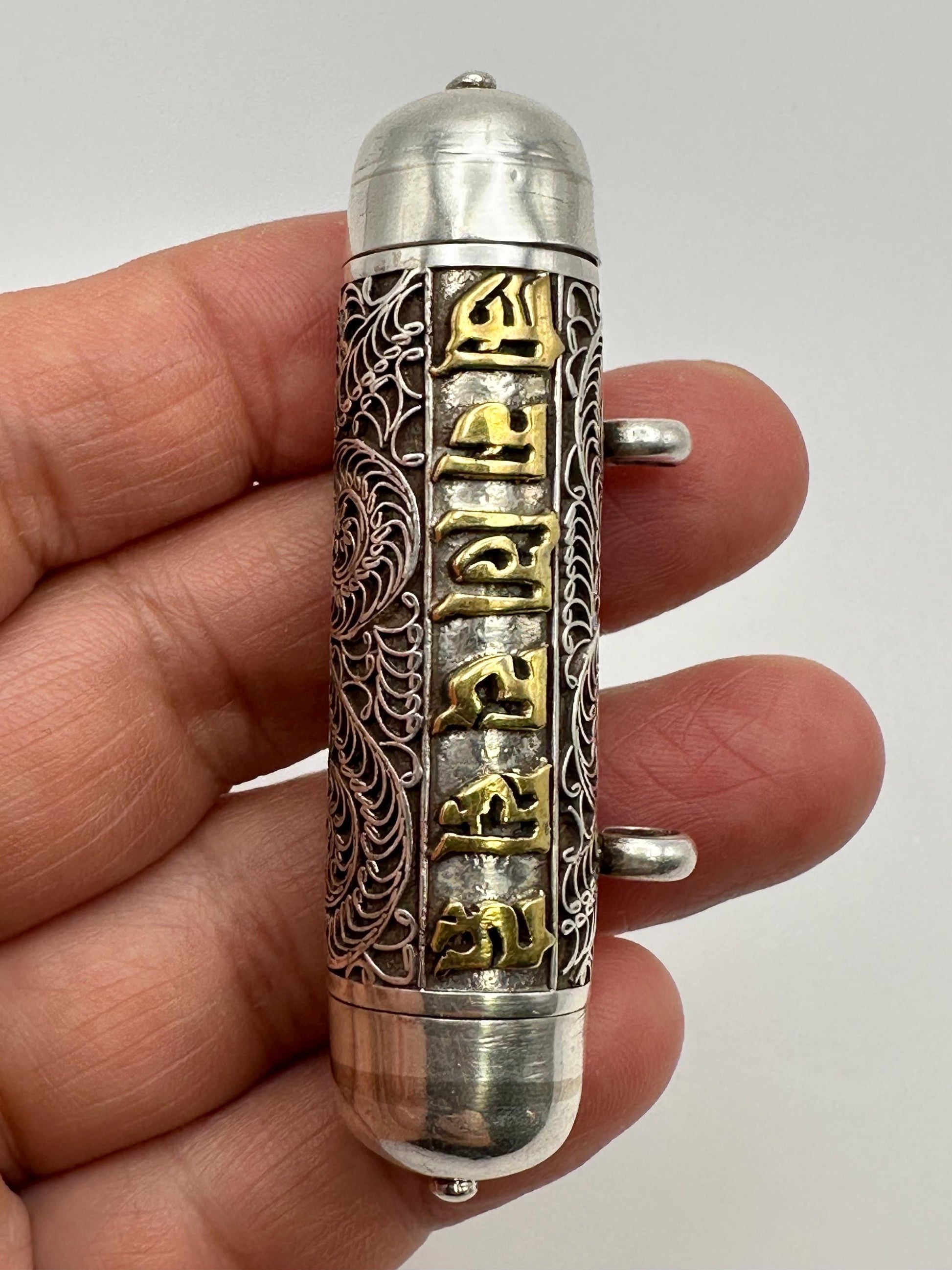 Sterling Silver Ghau Prayer Box Locket: Engraved Buddhist Mantra