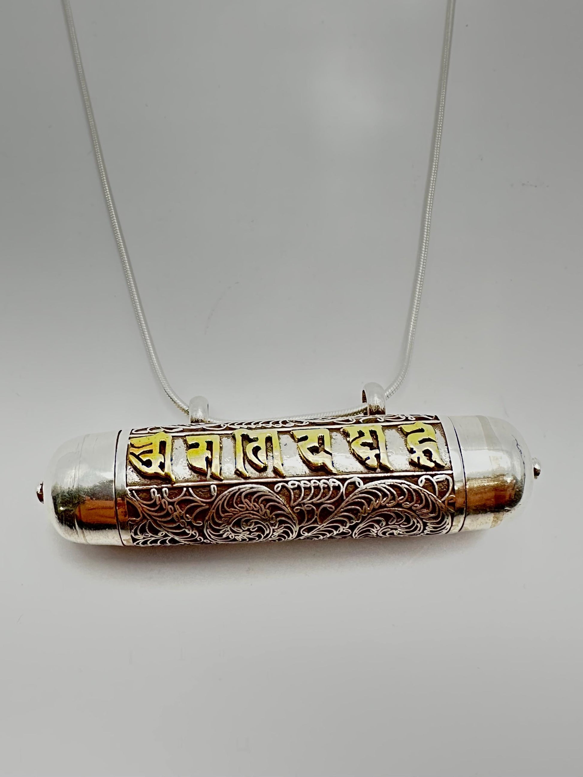Sterling Silver Ghau Prayer Box Locket: Engraved Buddhist Mantra