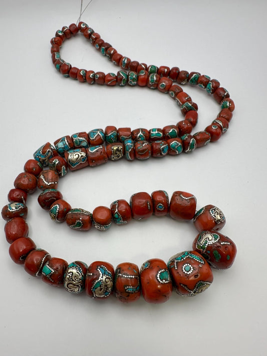 natural coral , vintage coral, master handcrafted, inlaid sterling silver turquoise, ethnic jewelry