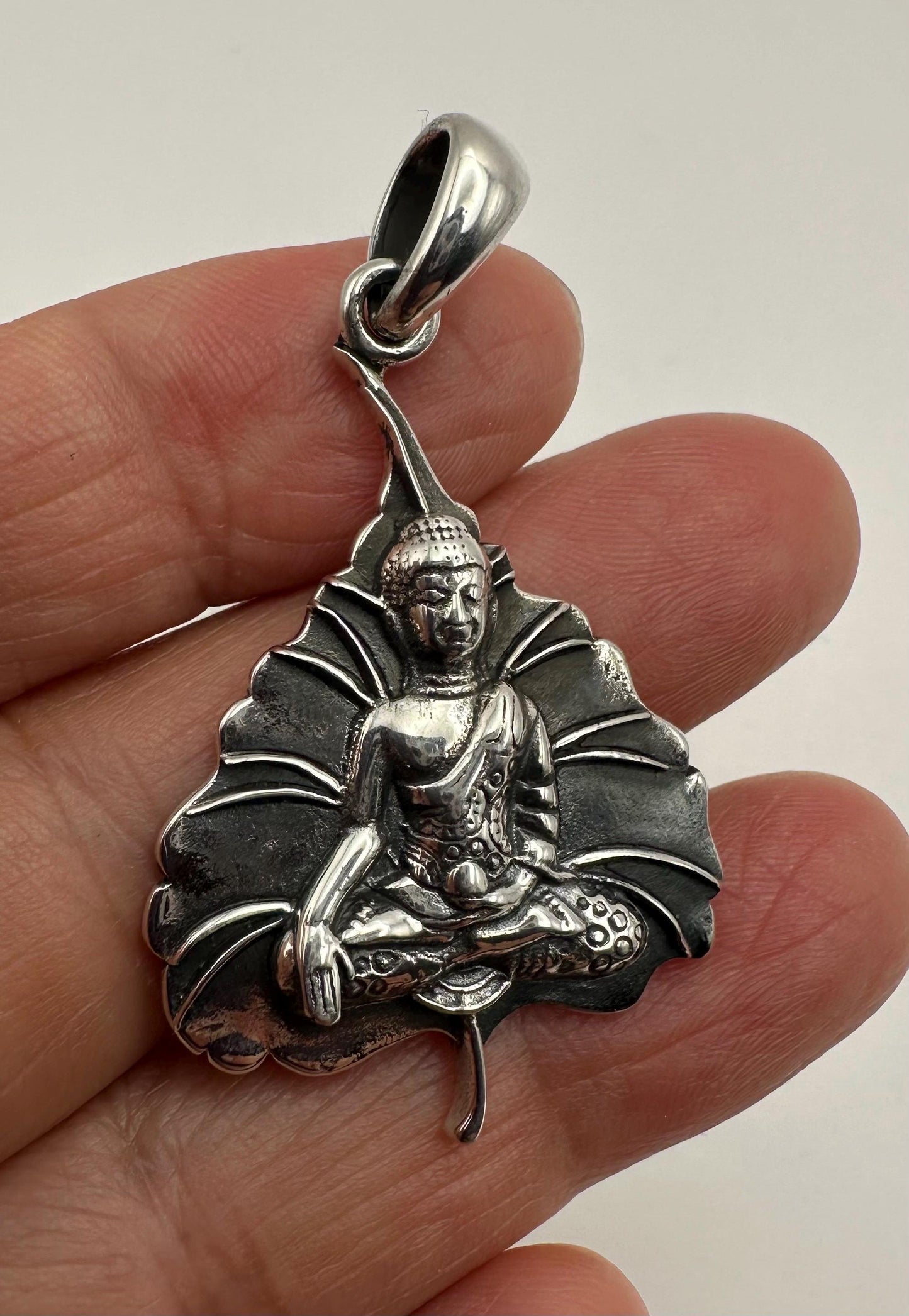 Sterling Silver Buddha Leaf Pendant: Spiritual Meditation Jewelry