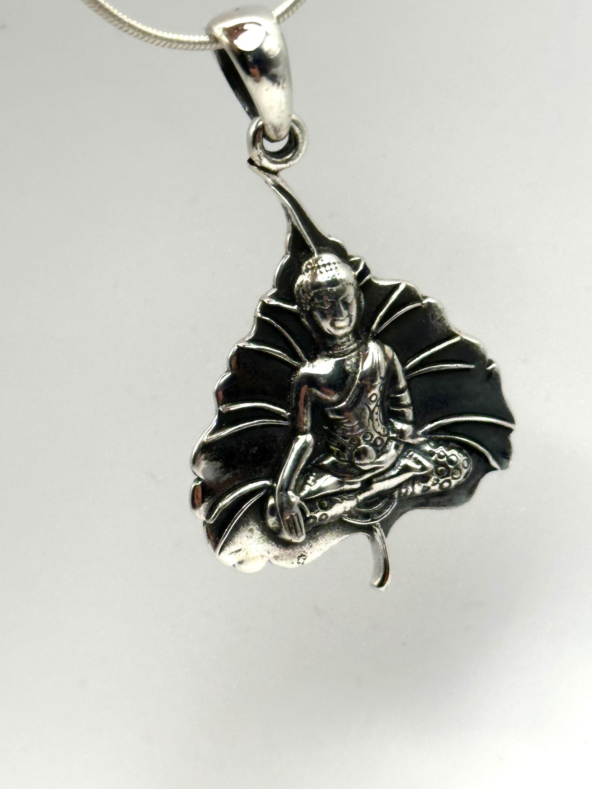 Sterling Silver Buddha Leaf Pendant: Spiritual Meditation Jewelry